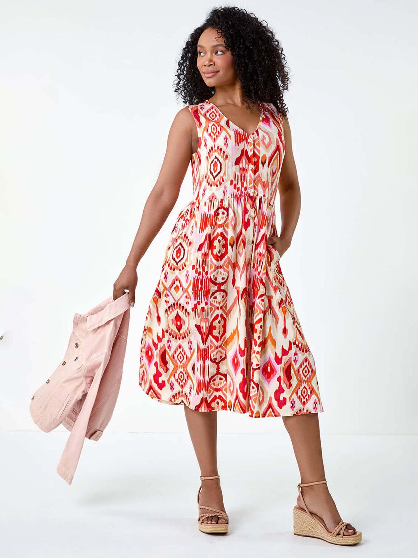 roman-petite-aztec-button-stretch-midi-dress