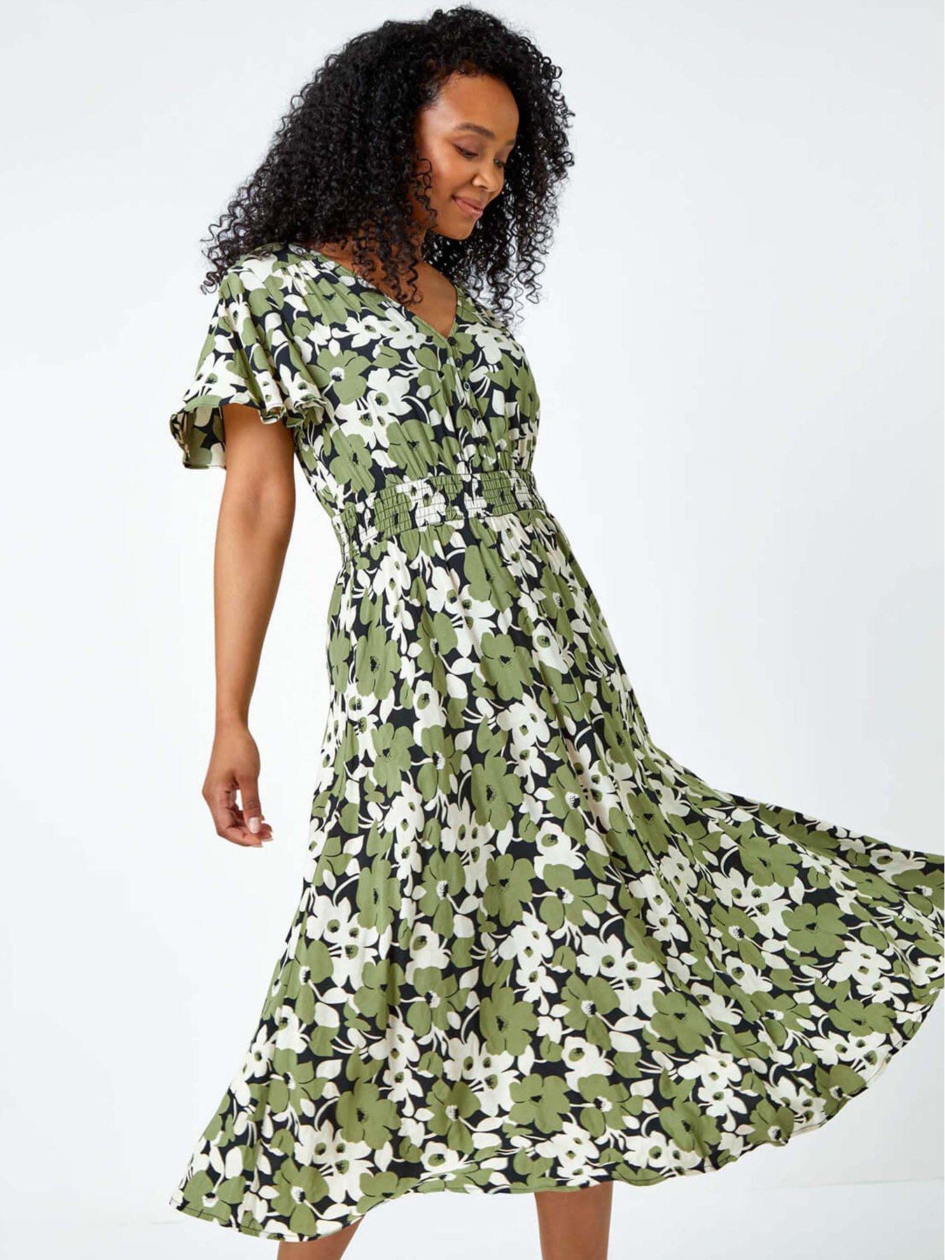 undefined Petite Floral Print Shirred Midi Dress