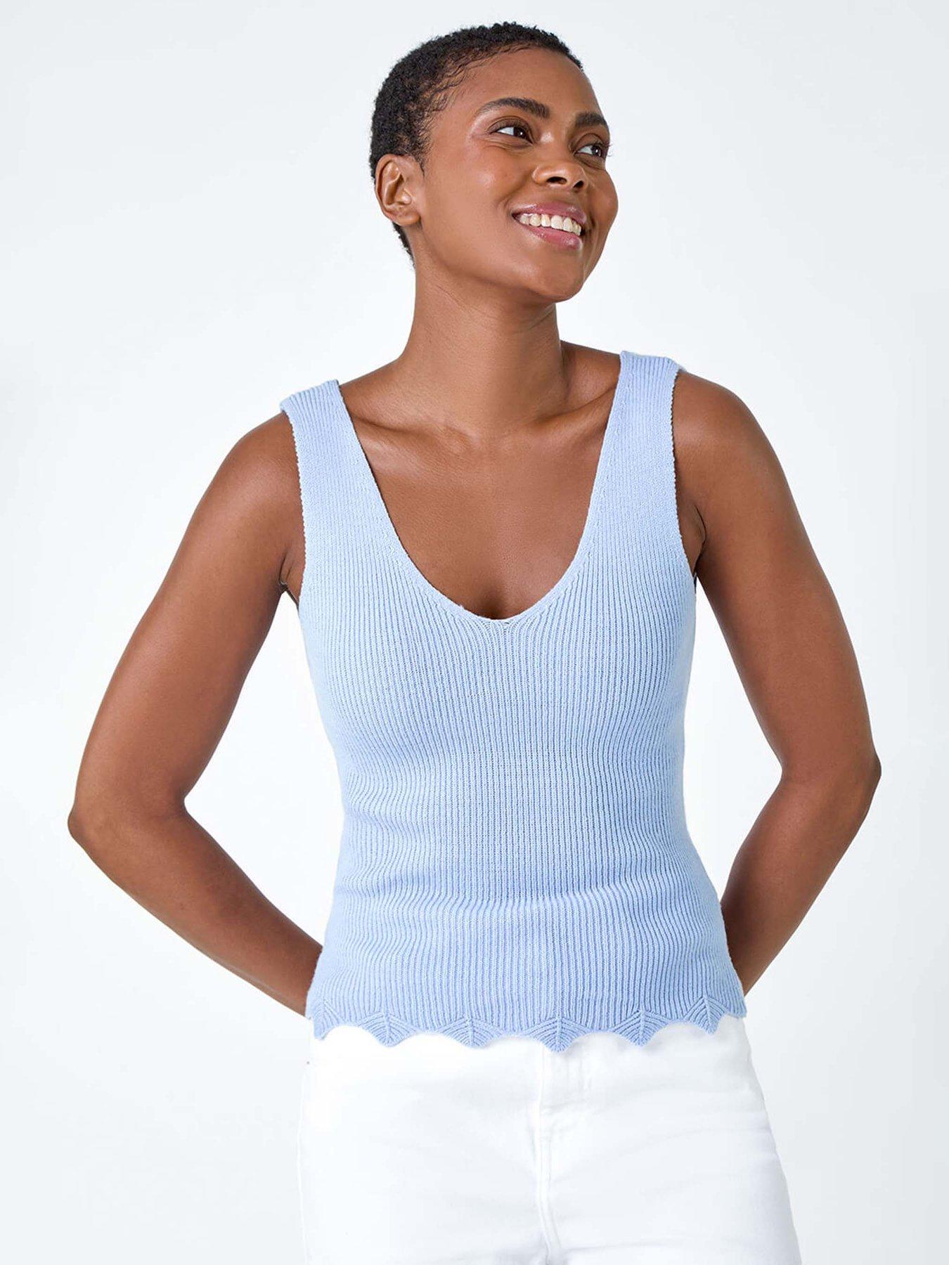 undefined Scalloped Edge V-neck Knit Vest - Blue