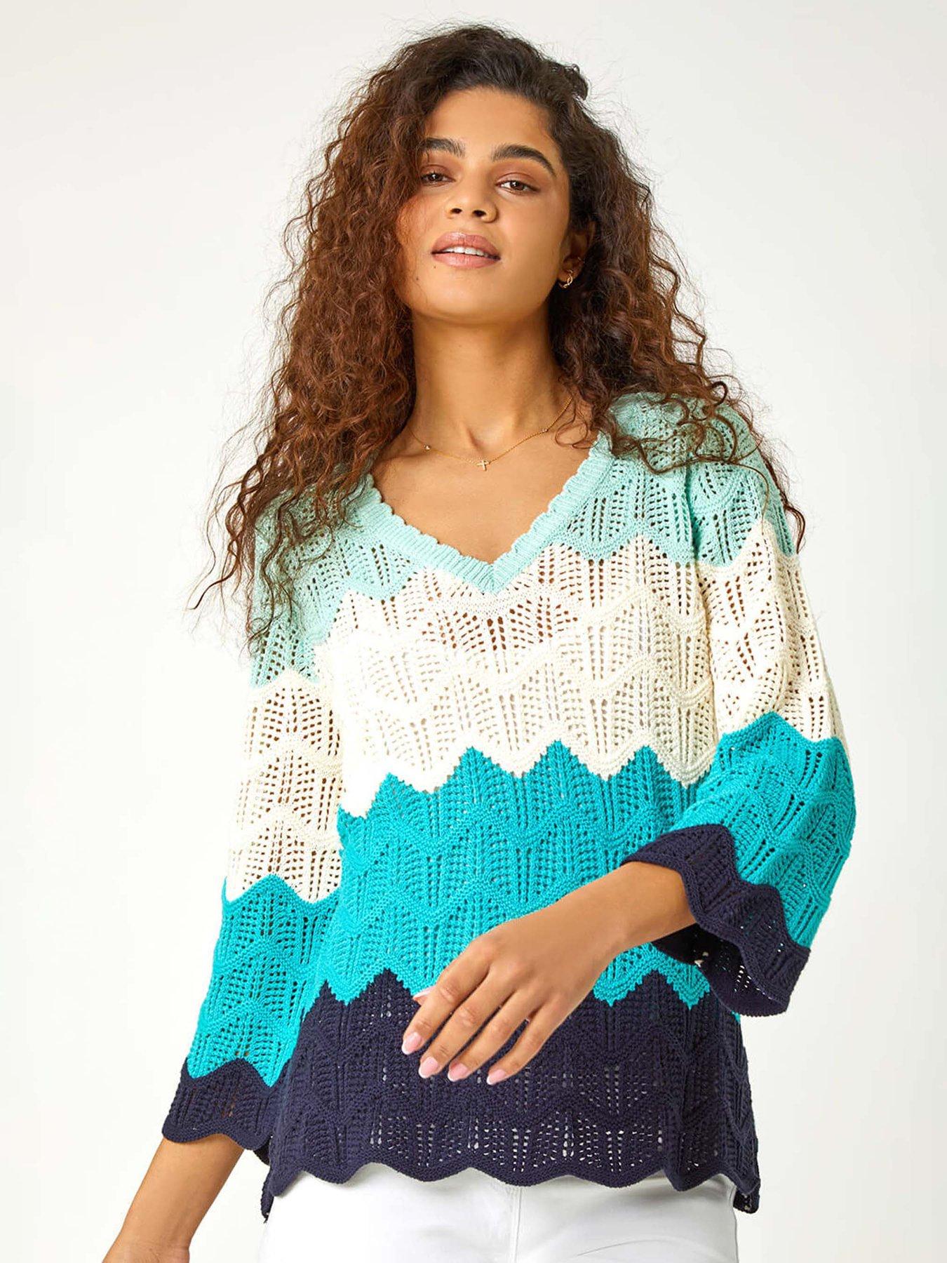 front image of roman-colour-block-crochet-knit-scalloped-jumper