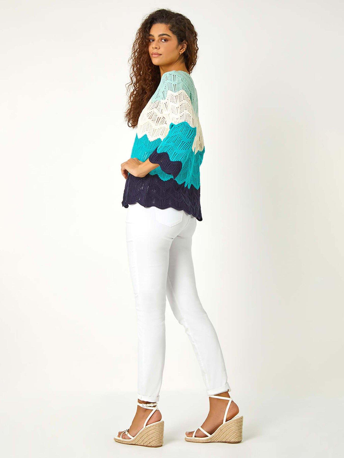 stillFront image of roman-colour-block-crochet-knit-scalloped-jumper