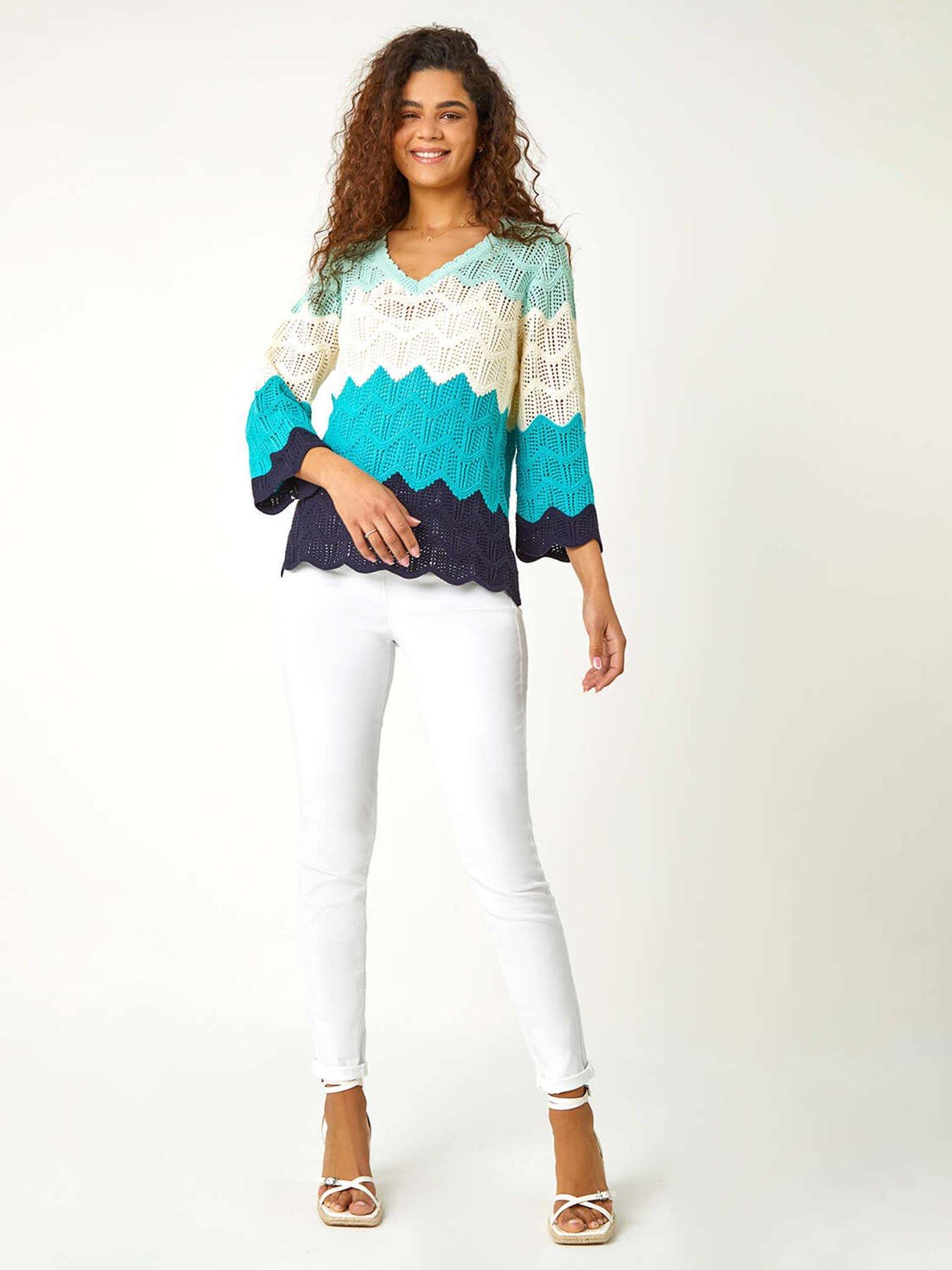  image of roman-colour-block-crochet-knit-scalloped-jumper