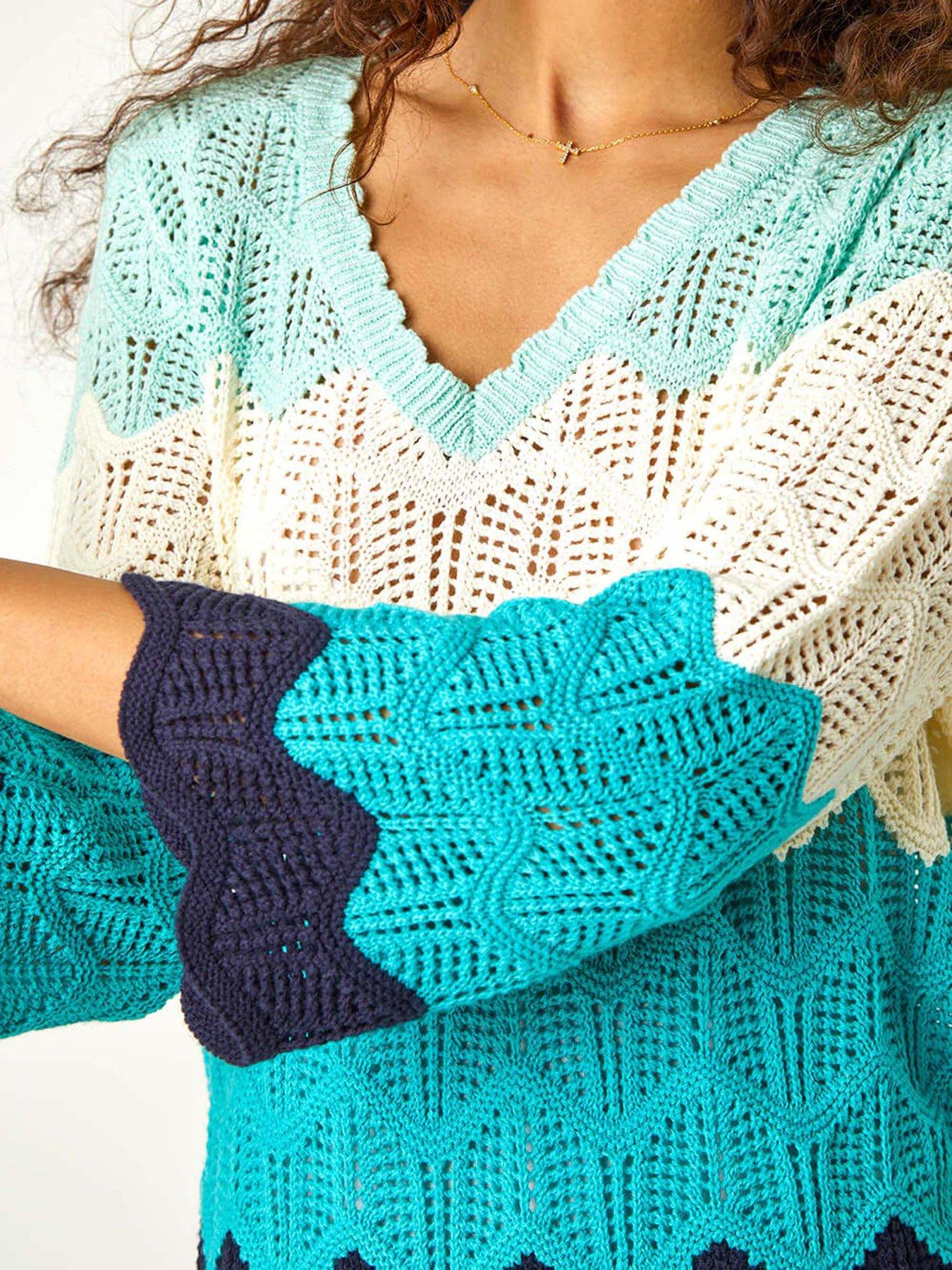  image of roman-colour-block-crochet-knit-scalloped-jumper