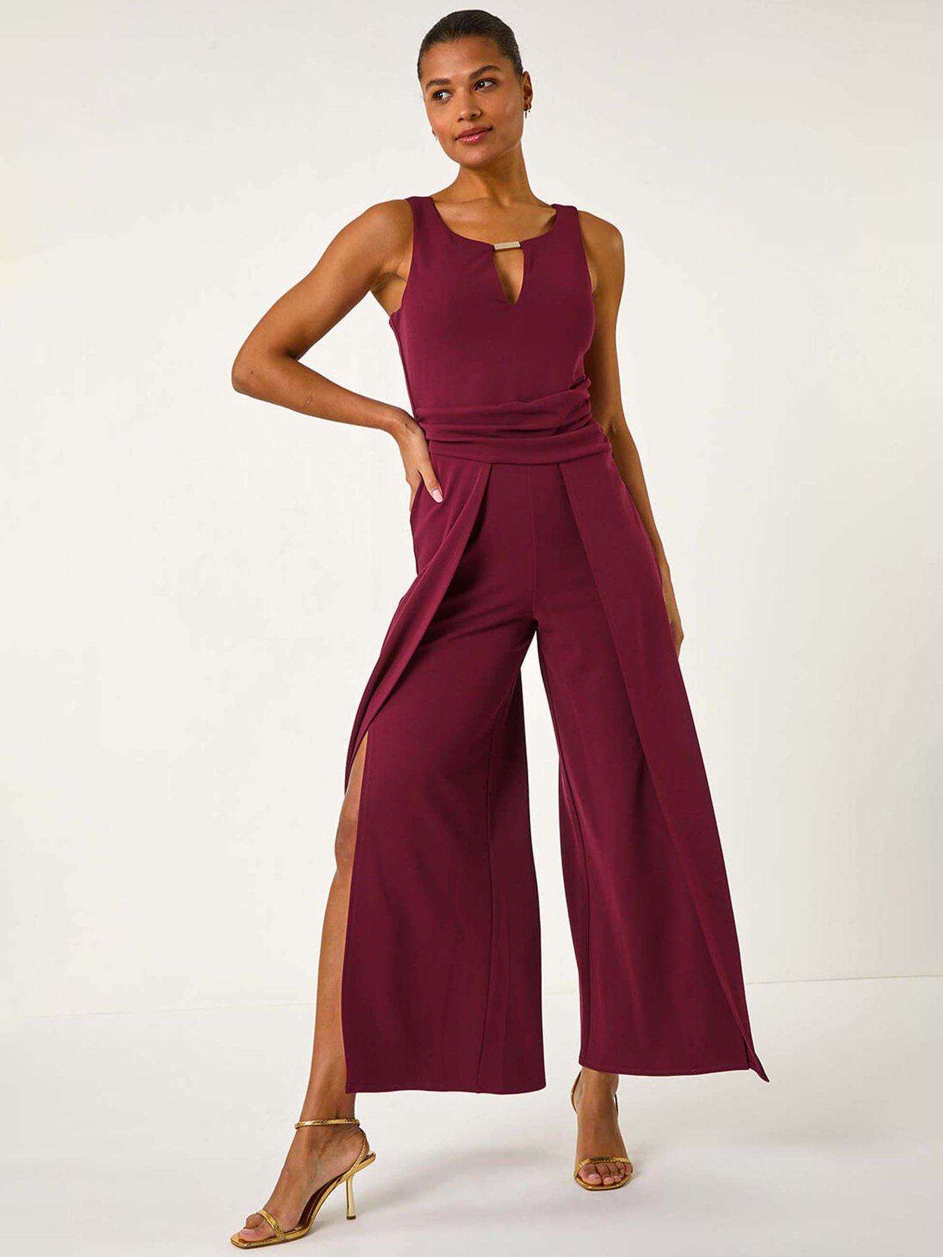 front image of roman-ruched-front-crossover-jumpsuit