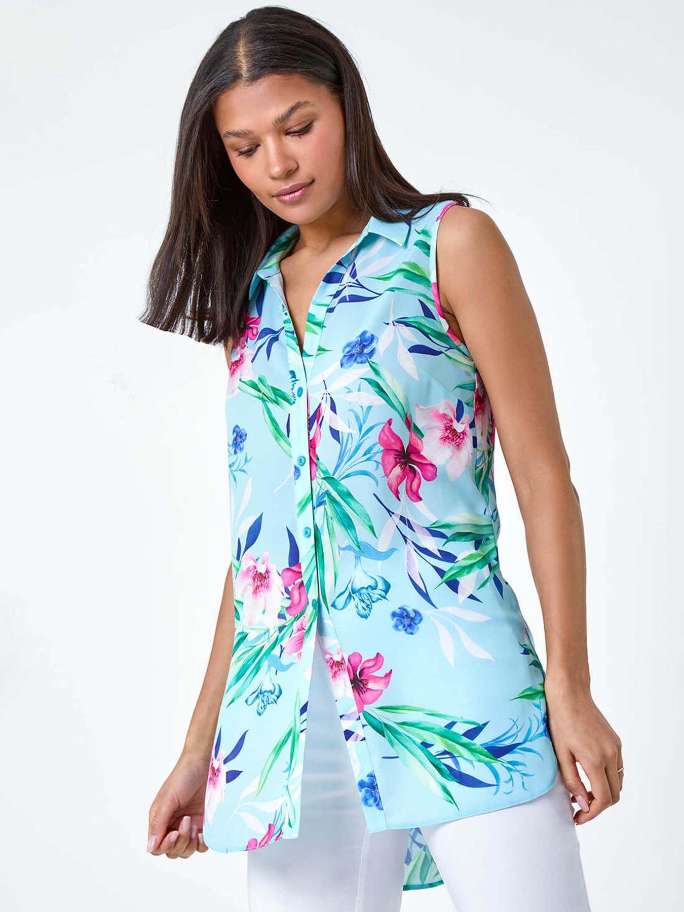 front image of roman-tropical-floral-sleeveless-button-blouse