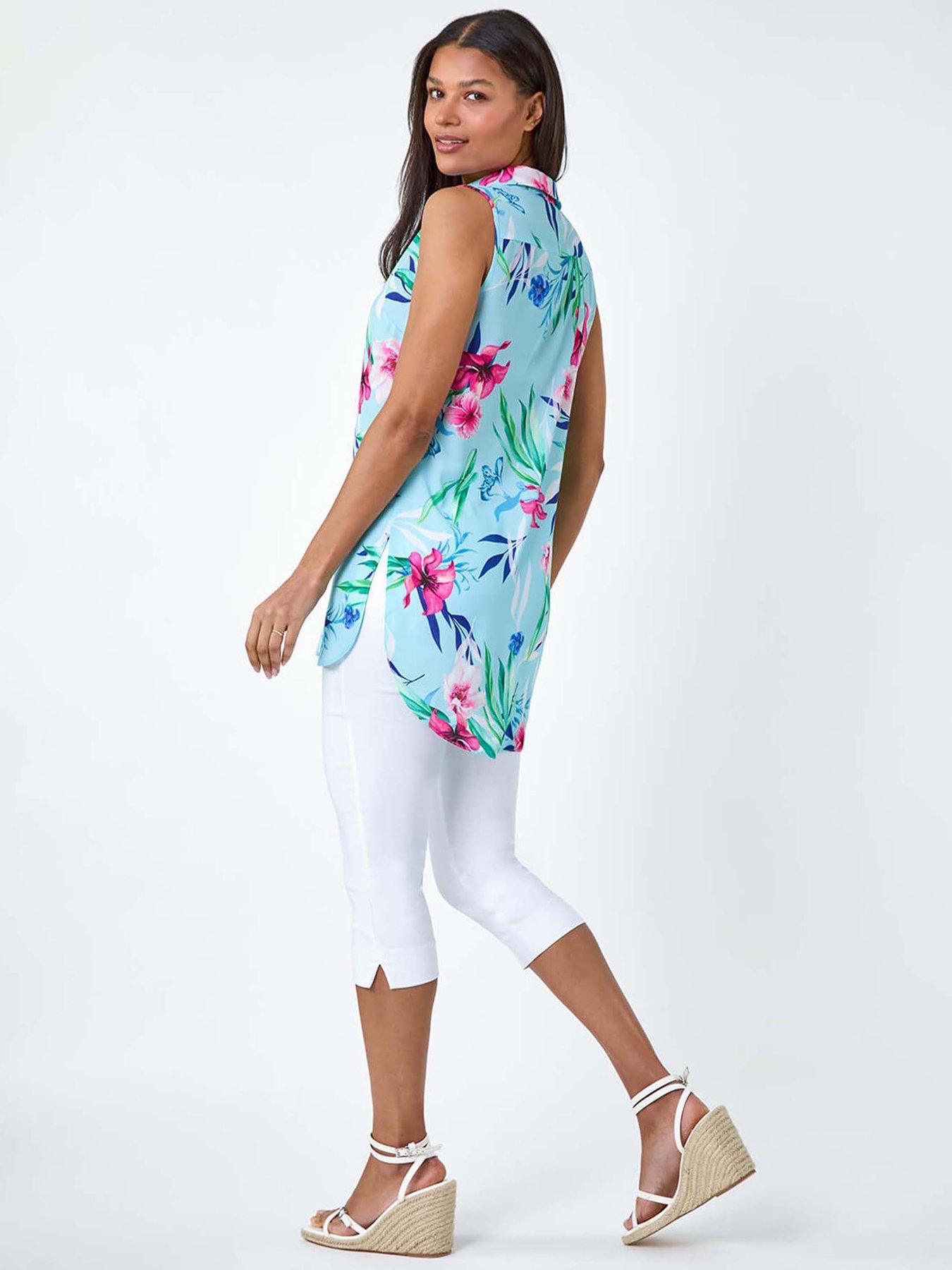 stillFront image of roman-tropical-floral-sleeveless-button-blouse