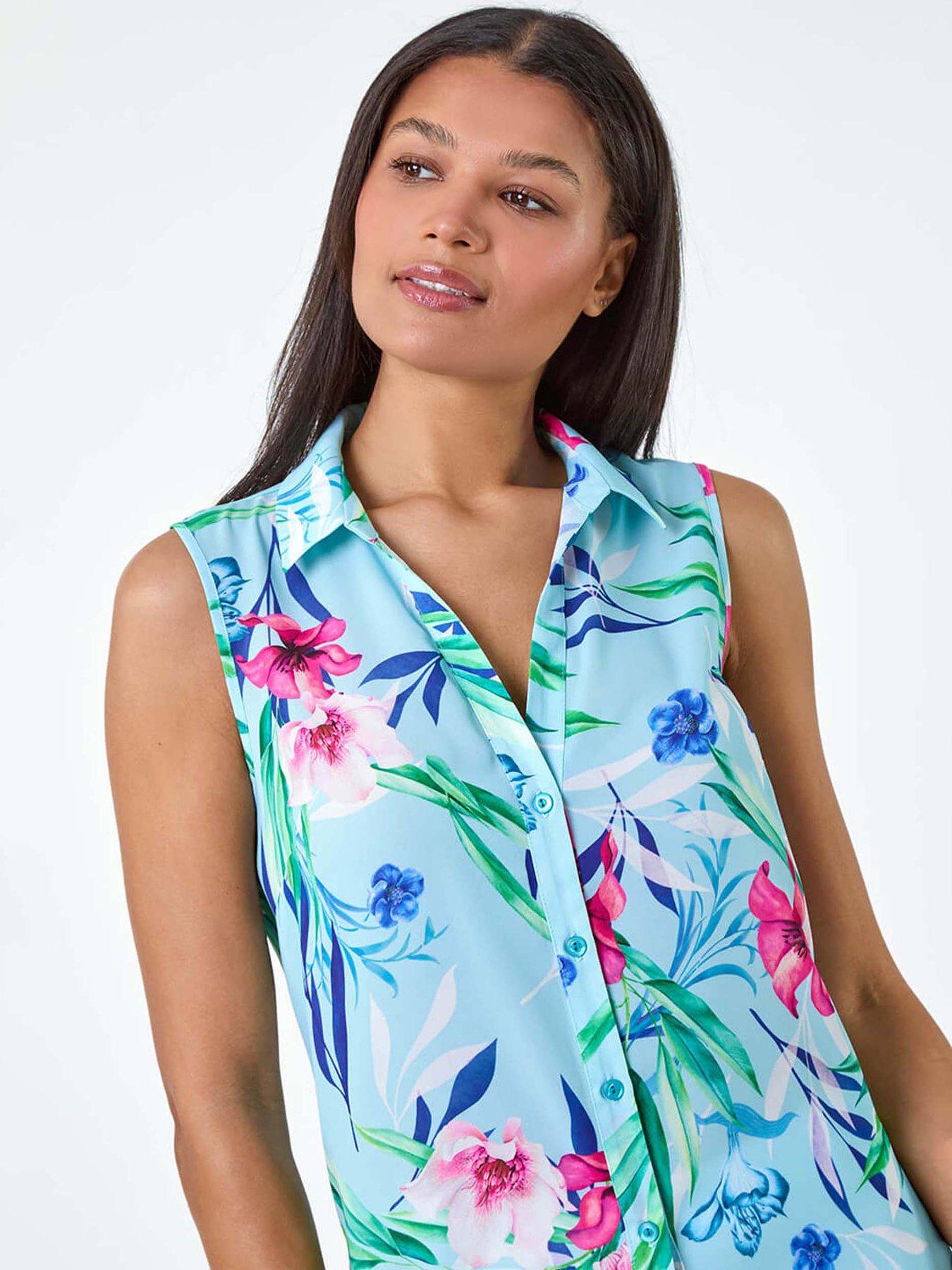  image of roman-tropical-floral-sleeveless-button-blouse