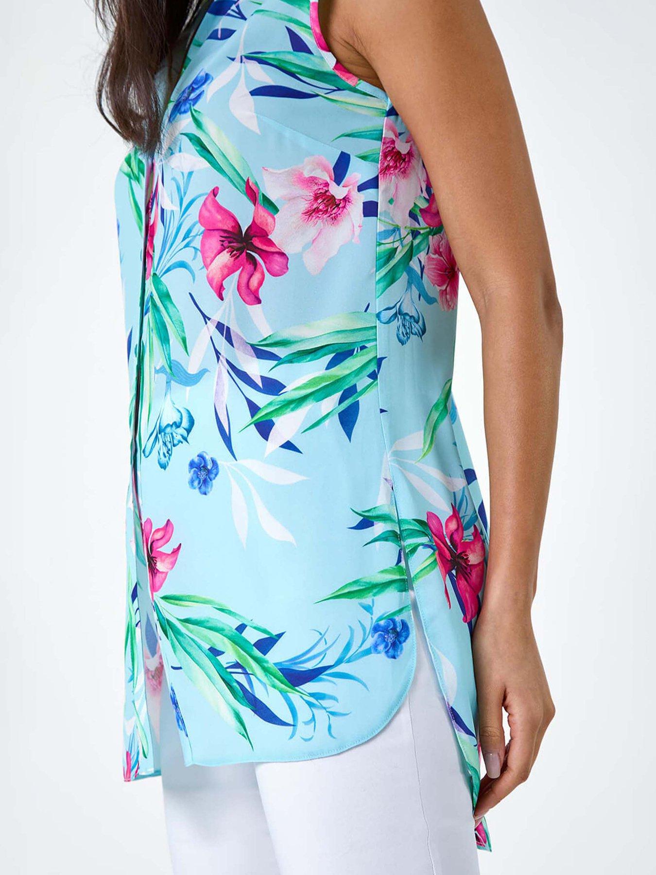  image of roman-tropical-floral-sleeveless-button-blouse