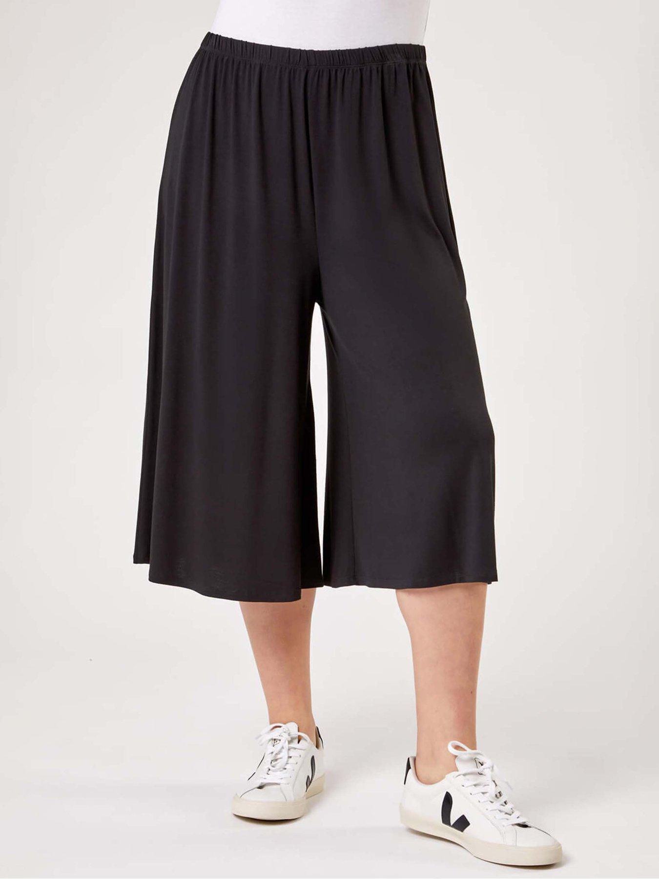 Image 1 of 4 of Roman Curve Plain Elastic Waist Culotte Trousers - Black