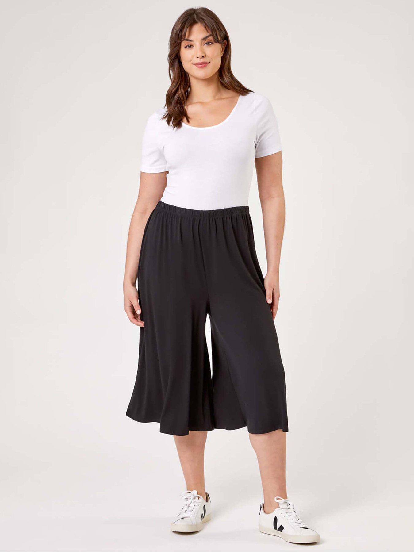 Image 3 of 4 of Roman Curve Plain Elastic Waist Culotte Trousers - Black