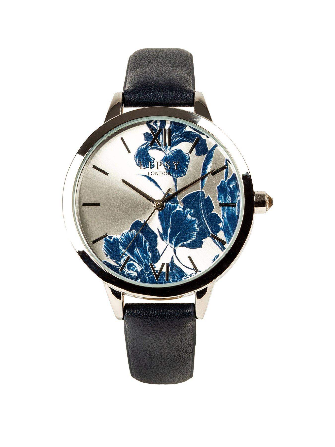 undefined Blue Strap Watch with Blue and Silver Floral Print Dial
