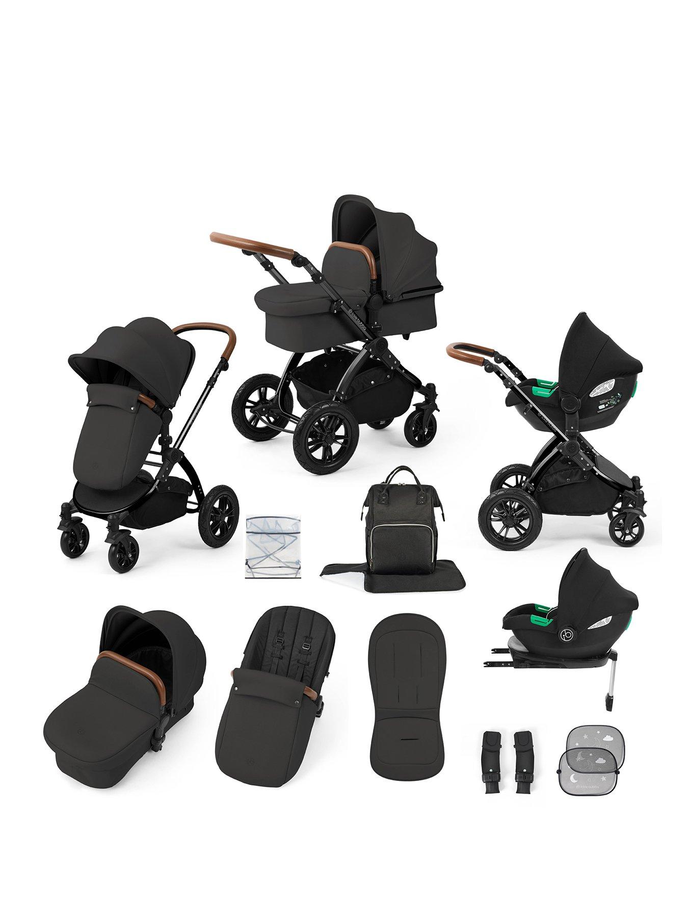 Ickle Bubba Stomp Luxe 12 Piece Travel System with i-Size Cirrus Car Seat  &  ISOFIX Base - Black / Charcoal Grey / Tan