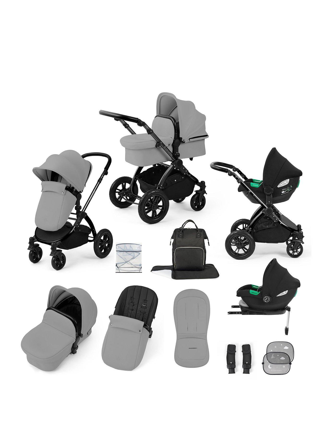 Ickle Bubba Stomp Luxe 12 Piece Travel System with i-Size Cirrus Car Seat  &  ISOFIX Base - Black / Pearl Grey / Black