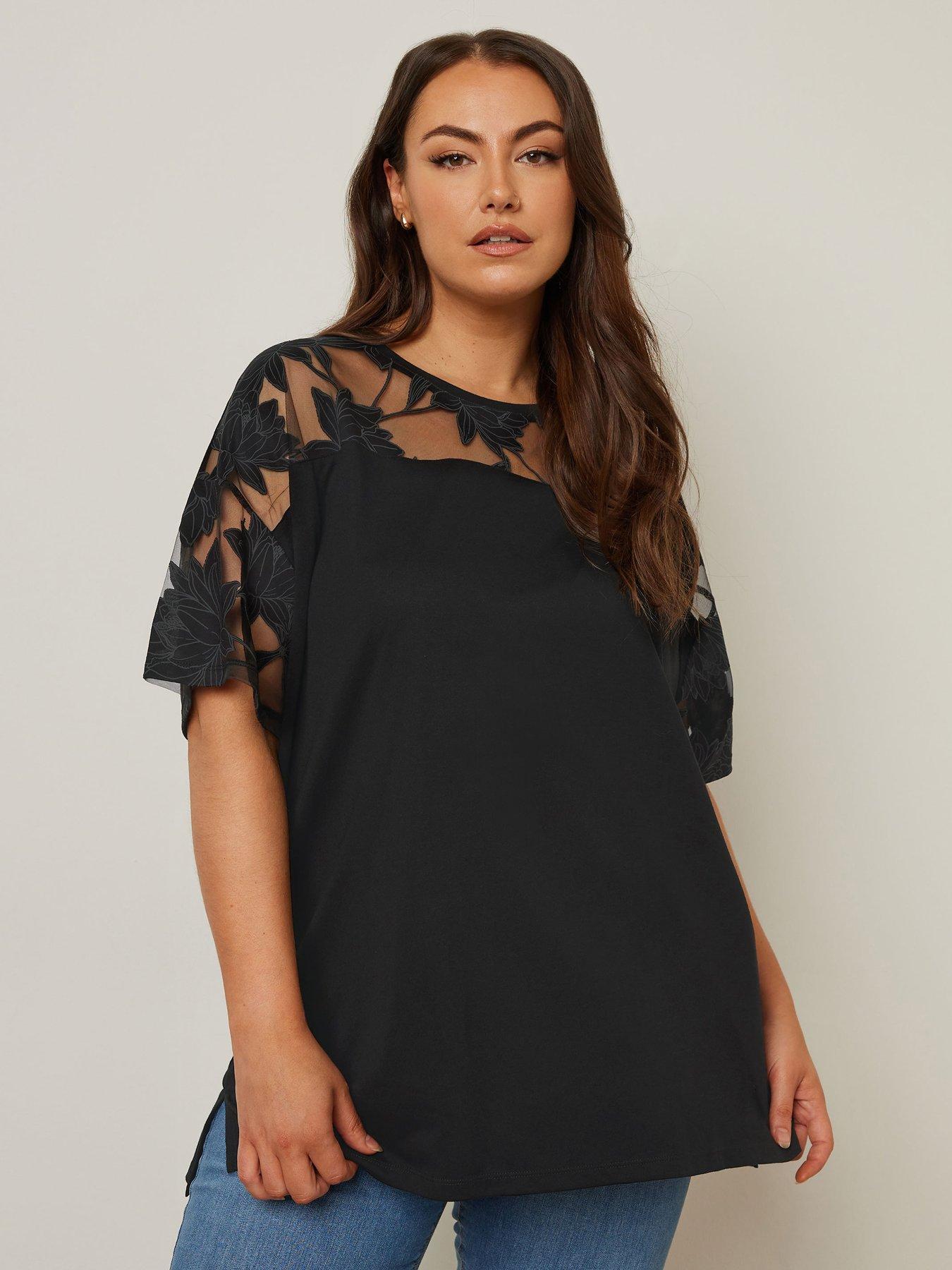  image of yours-curve-boxy-floral-panel-t-shirt-black