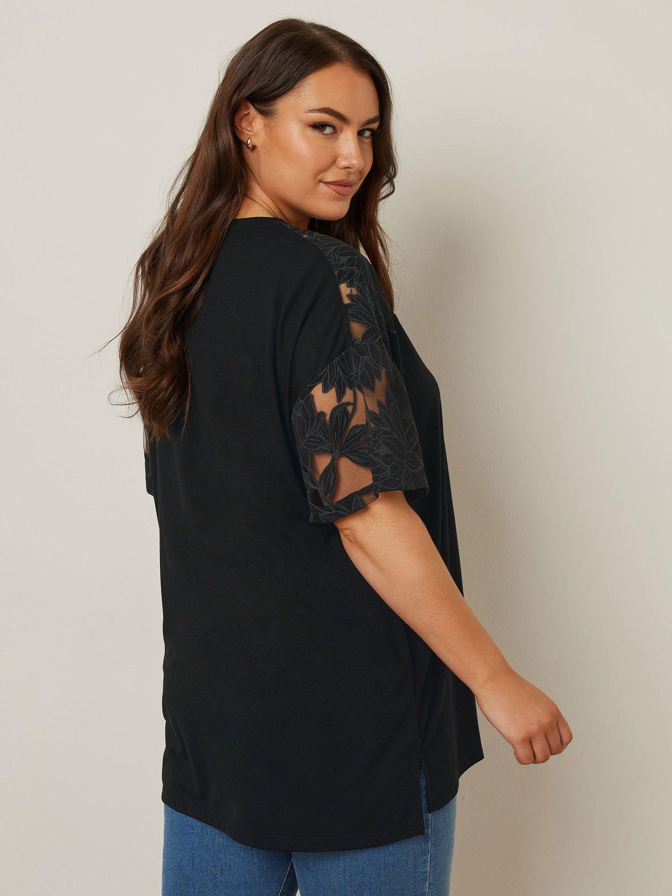 image of yours-curve-boxy-floral-panel-t-shirt-black