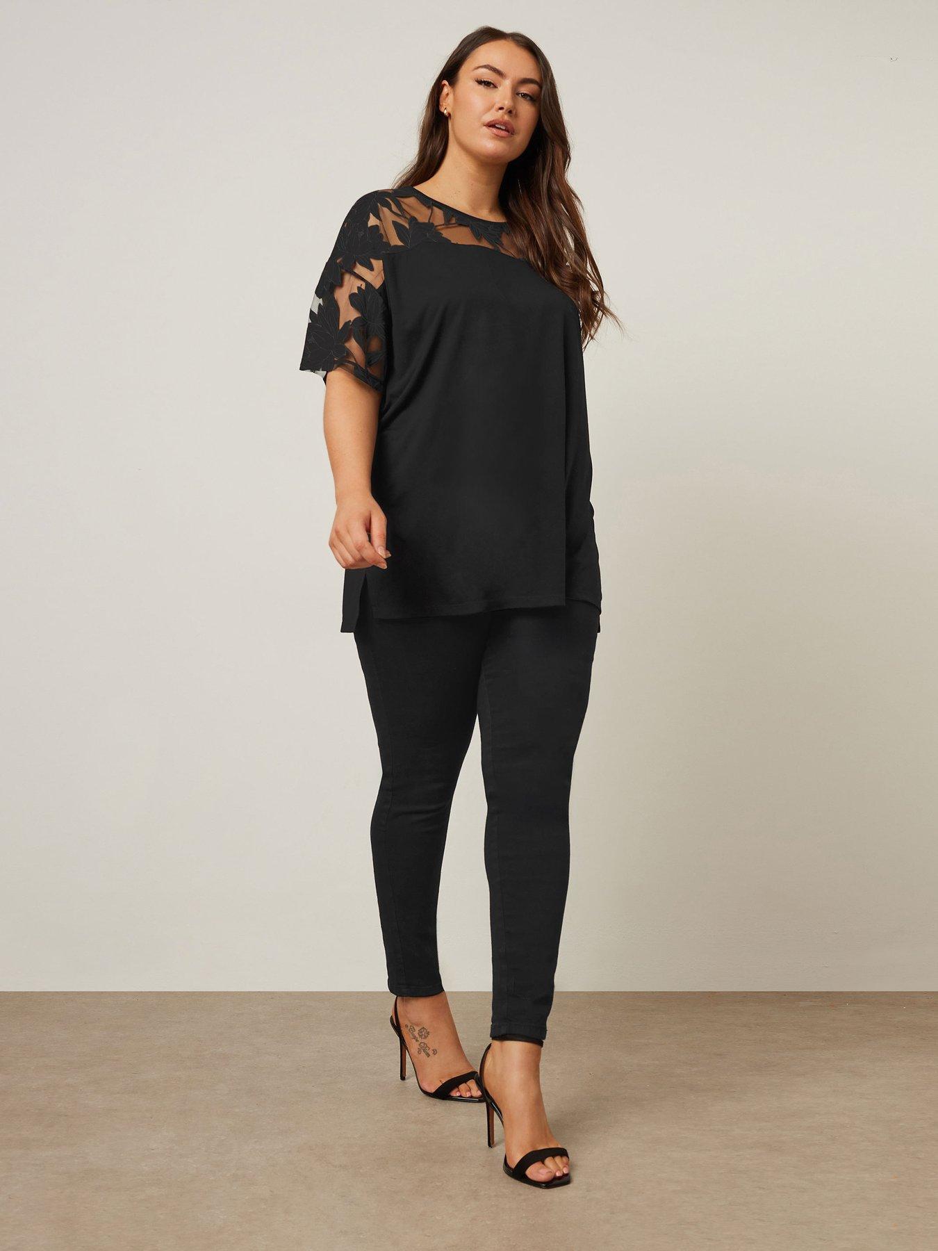  image of yours-curve-boxy-floral-panel-t-shirt-black