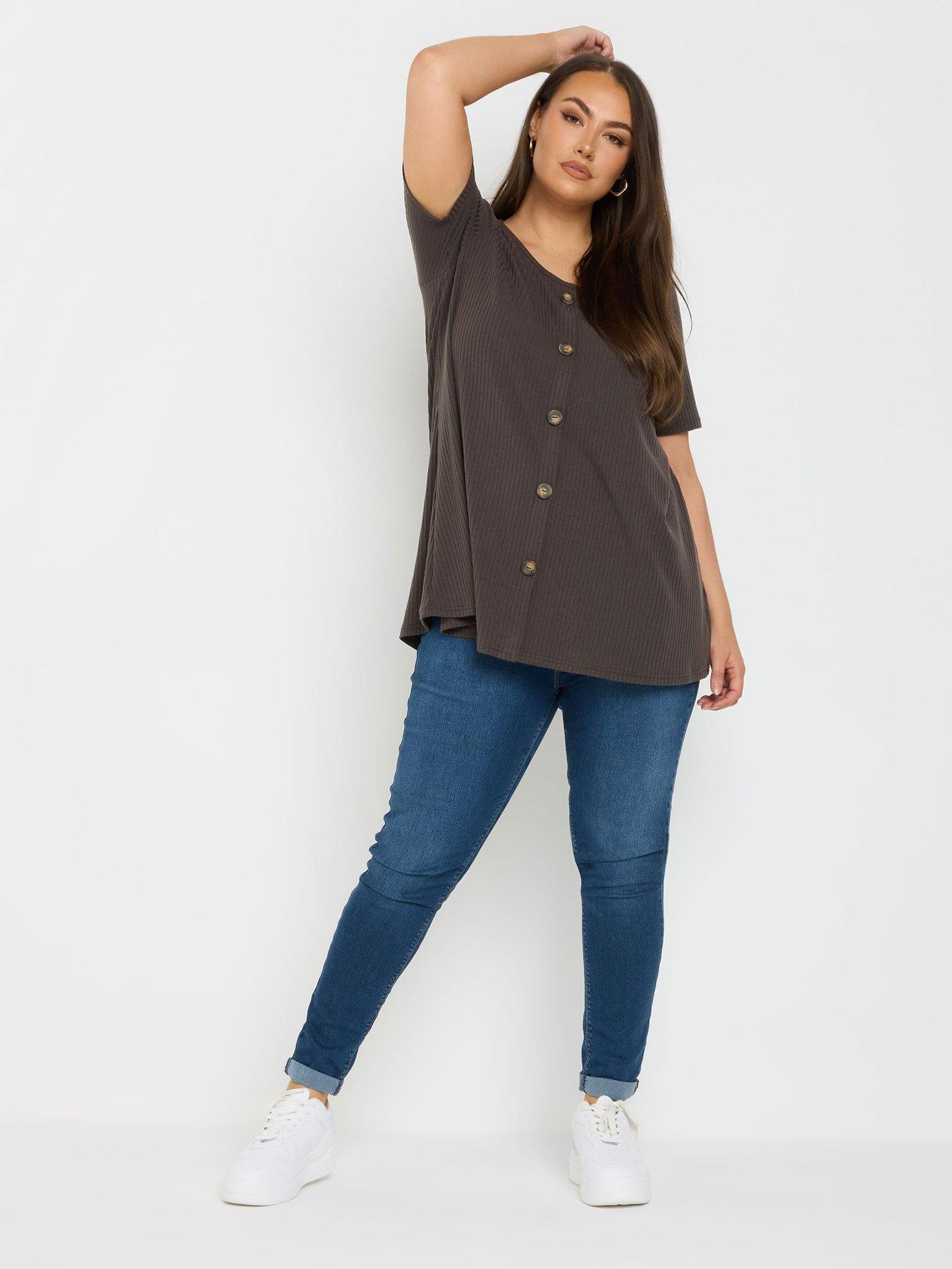  image of yours-curve-button-front-rib-t-shirt-brown