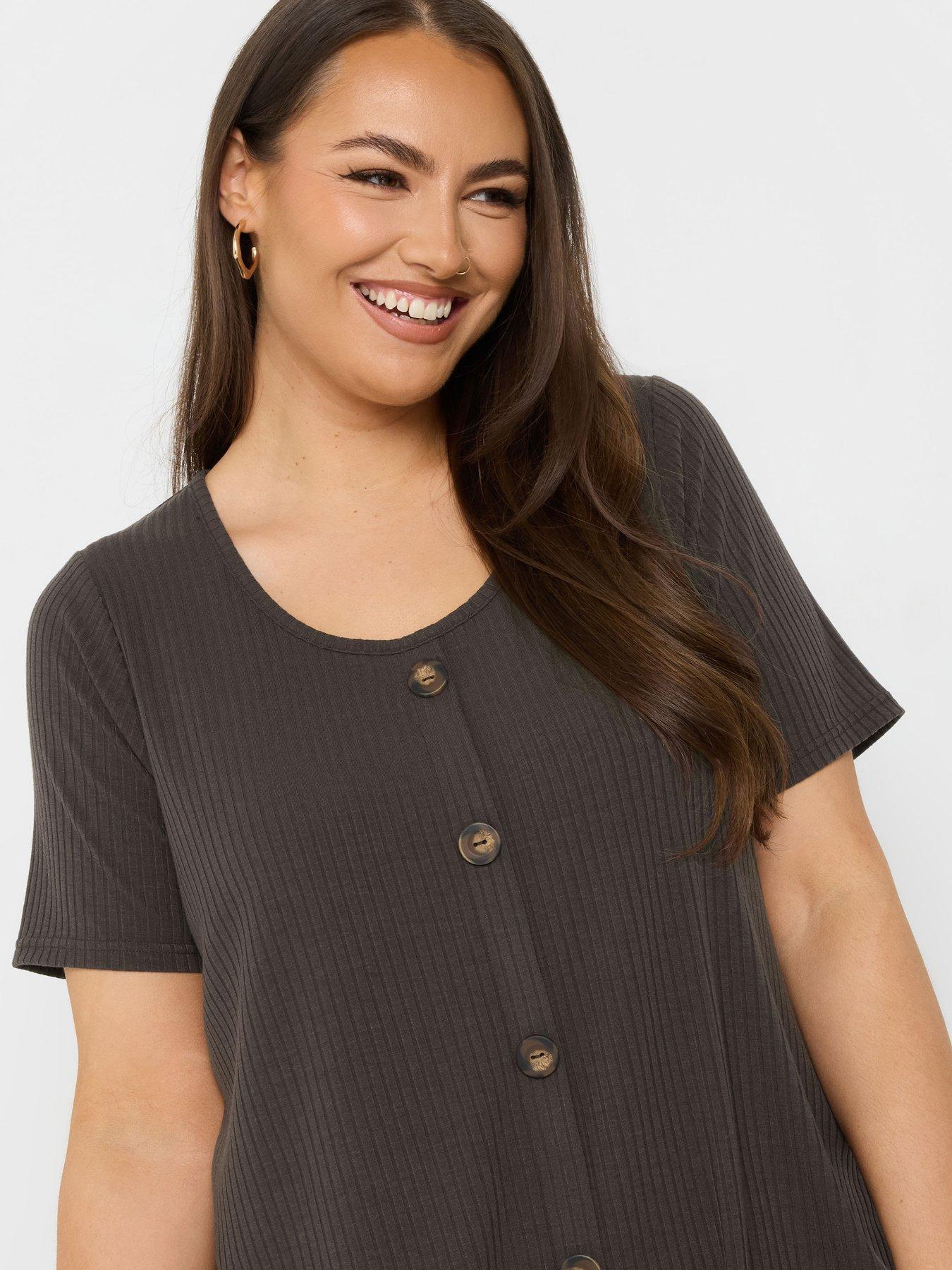  image of yours-curve-button-front-rib-t-shirt-brown