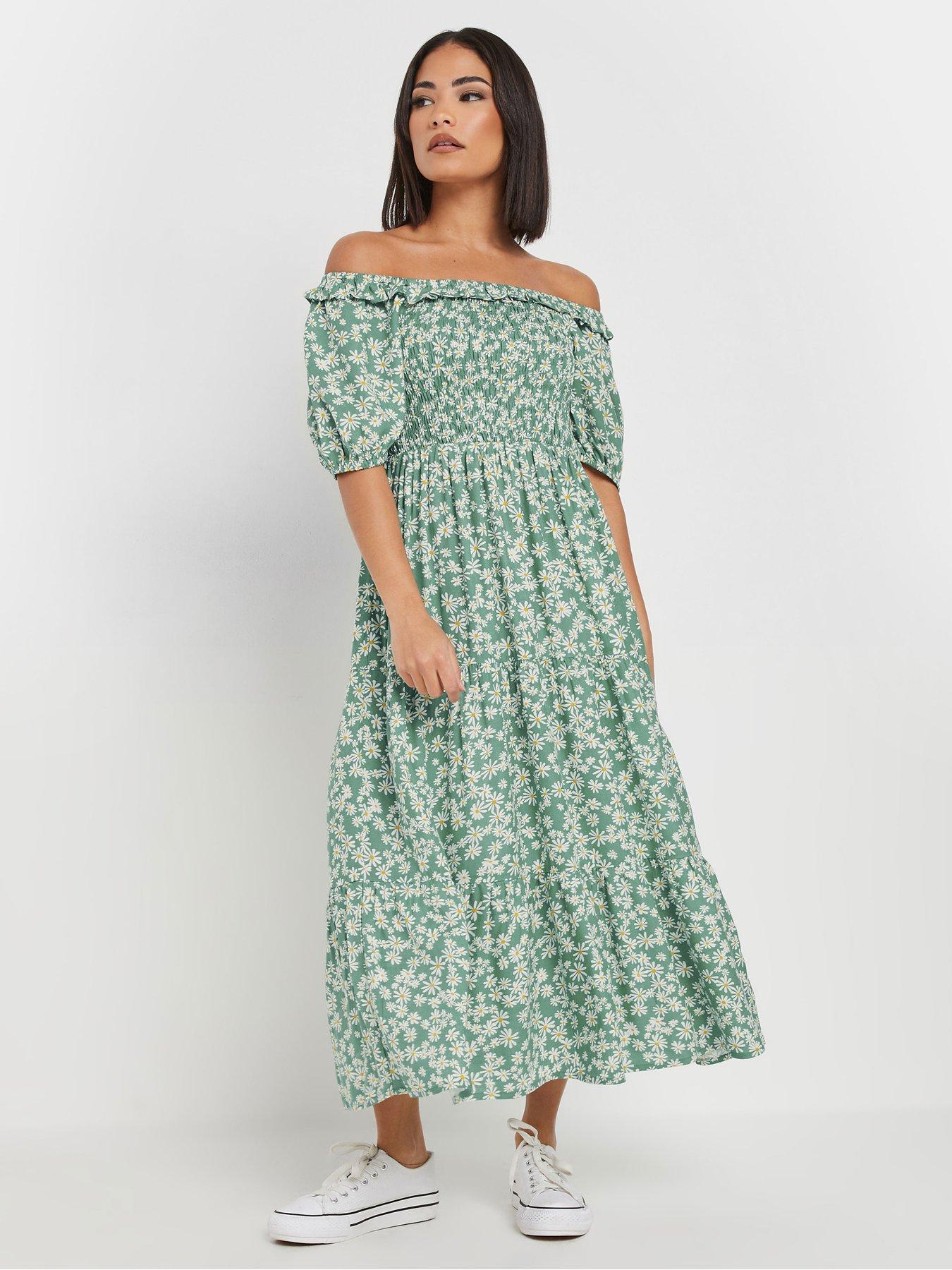 undefined Petite Puff Sleeve Midi Dress - Green