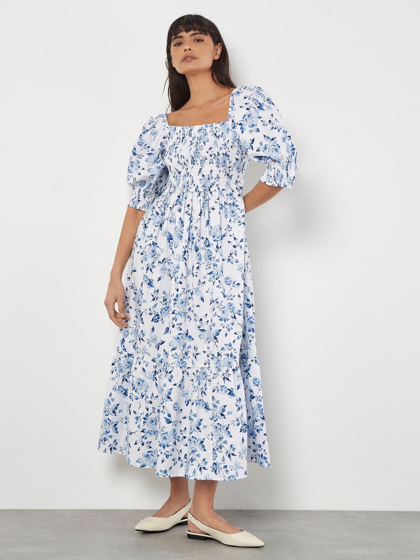 undefined Rose Smock Milk Maid Cotton Dress - Blue
