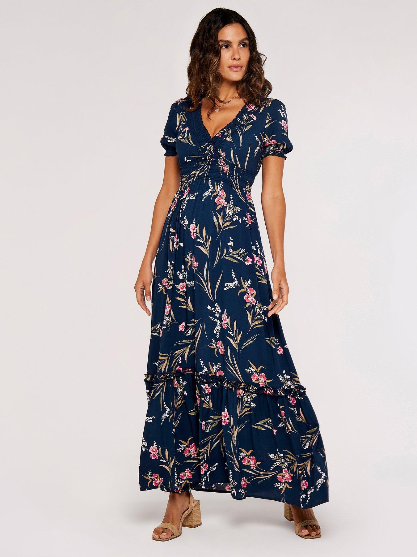 undefined Watercolour Floral Smock Maxi Dress - Blue