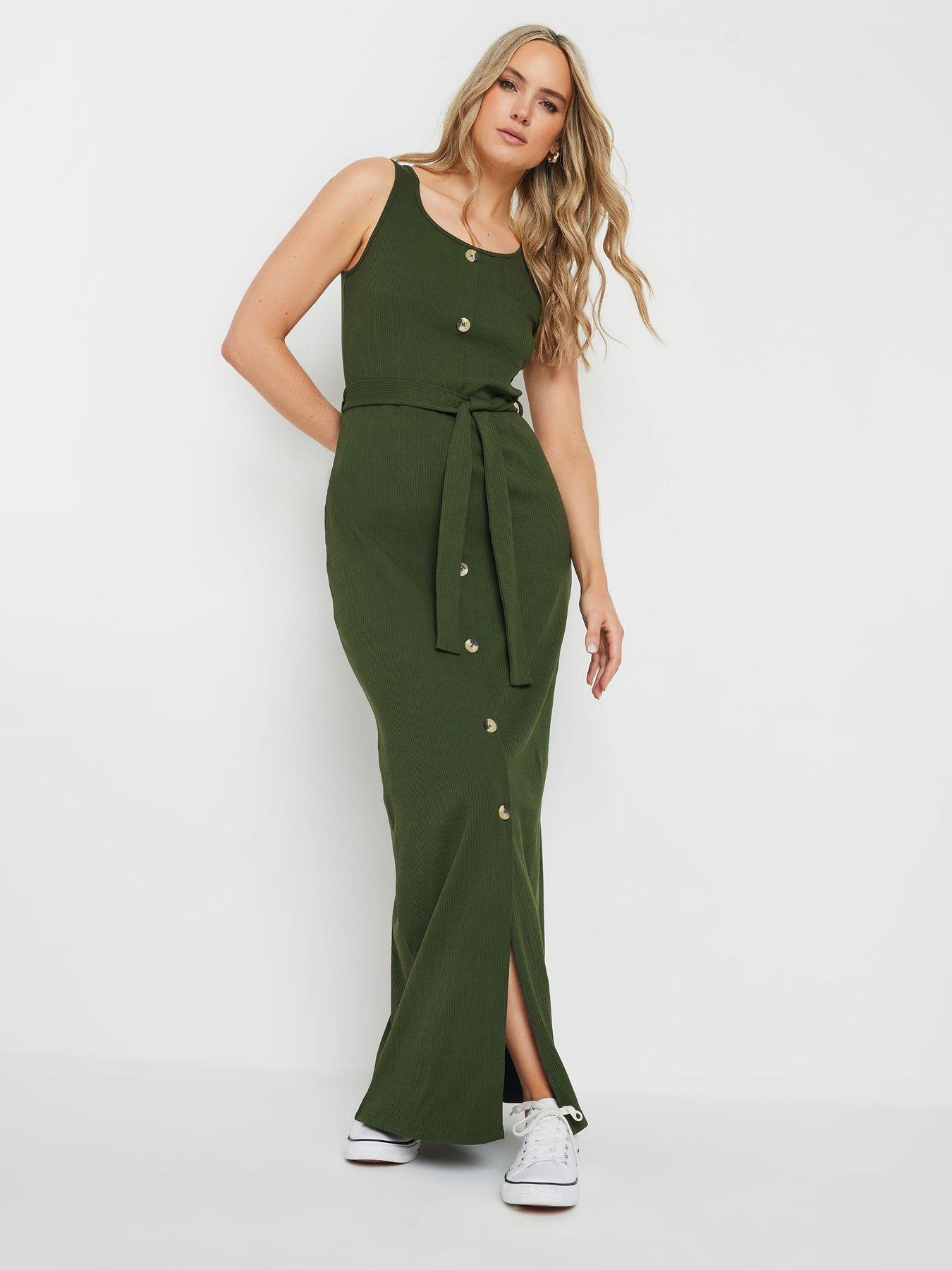 undefined Sleeveless Rib Button Dress - Green
