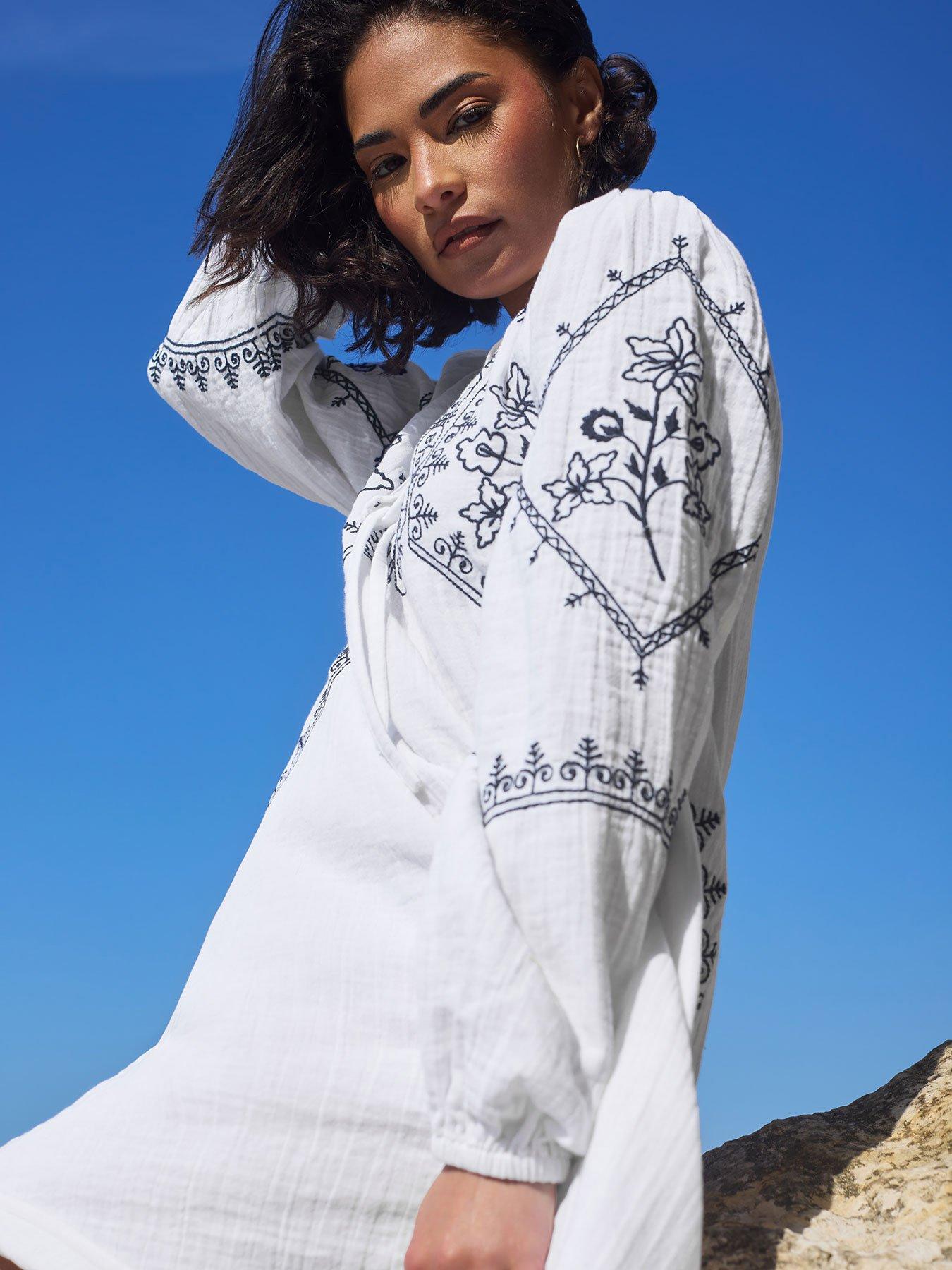 undefined Petite Embroidered Long Sleeve Mini Smock Dress - White