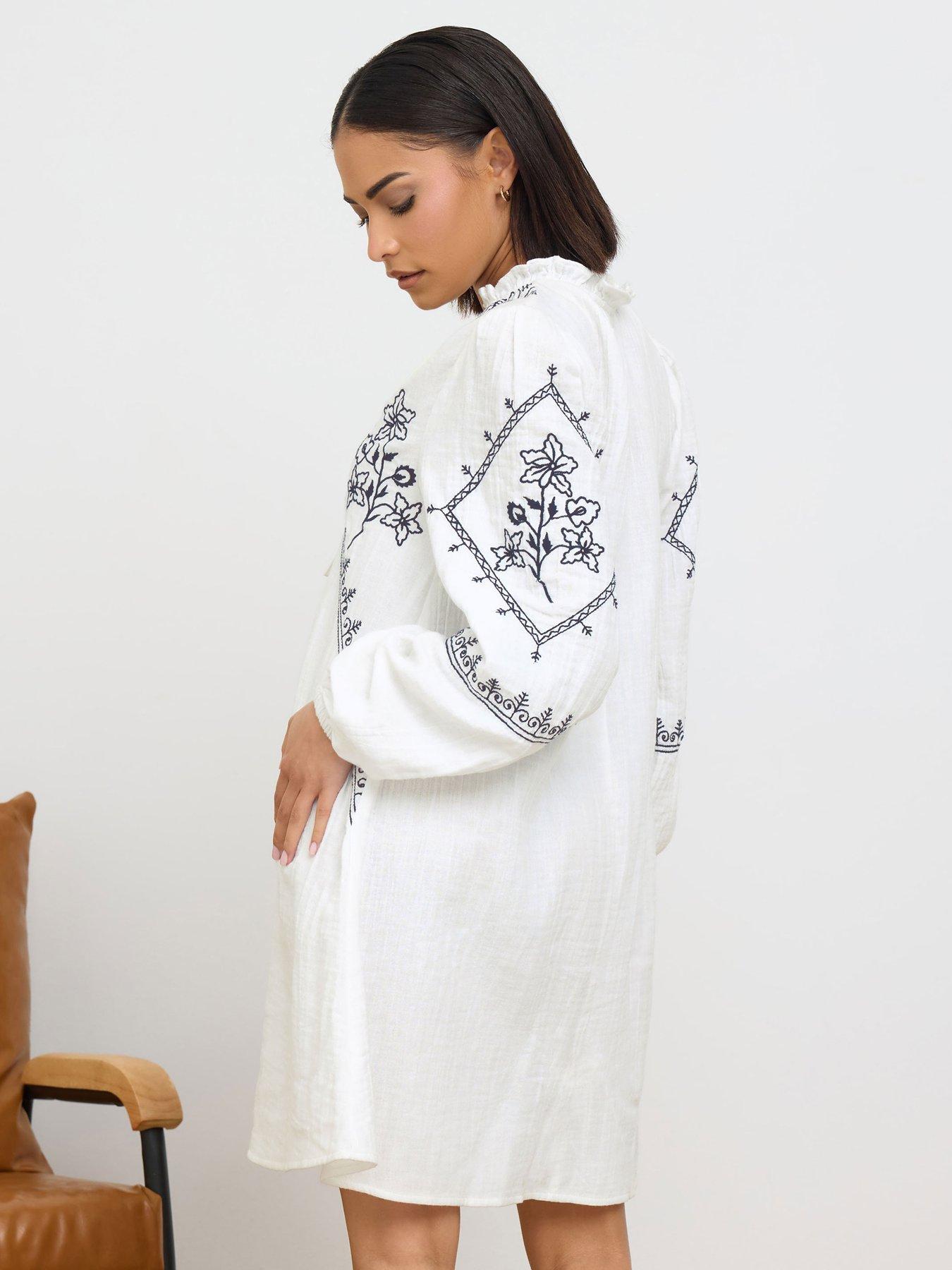  image of pixiegirl-petite-embroidered-long-sleeve-mini-smock-dress-white