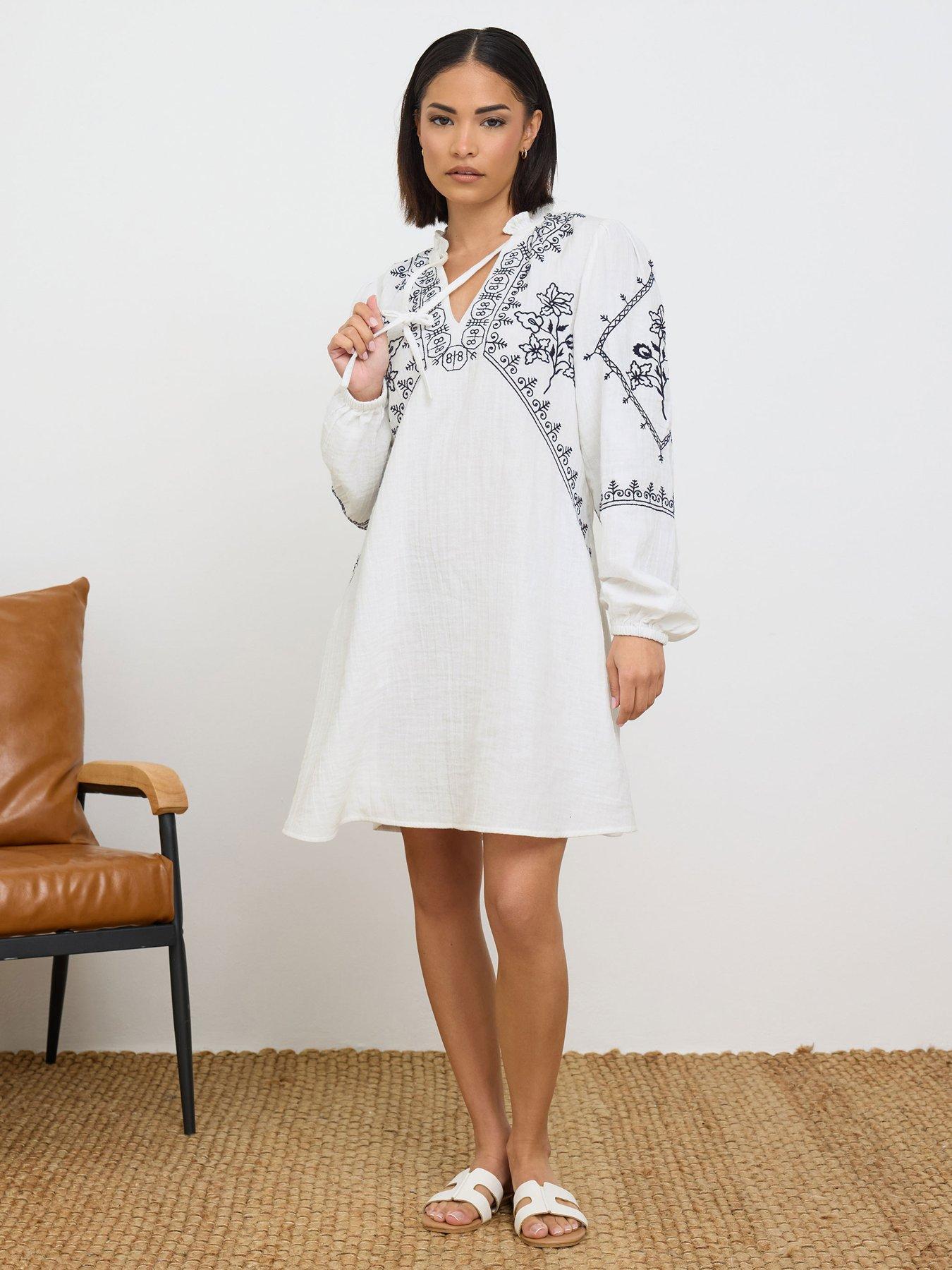  image of pixiegirl-petite-embroidered-long-sleeve-mini-smock-dress-white