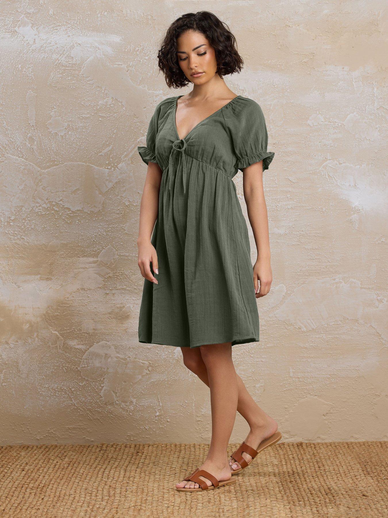 undefined Petite Tie Front Cheesecloth Dress - Green