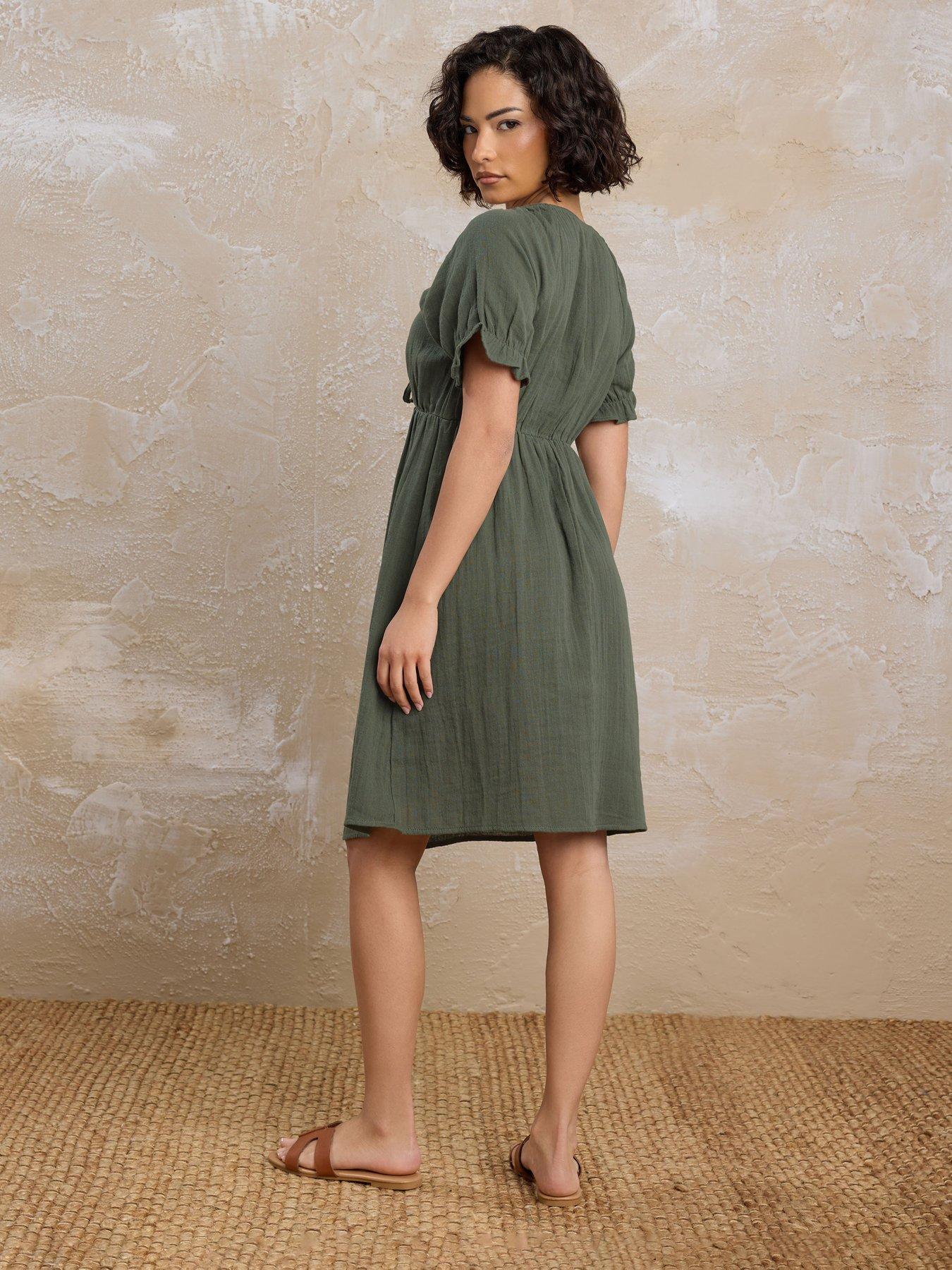  image of pixiegirl-petite-tie-front-cheesecloth-dress-green