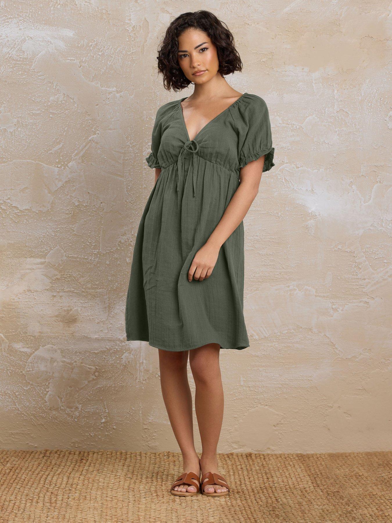  image of pixiegirl-petite-tie-front-cheesecloth-dress-green