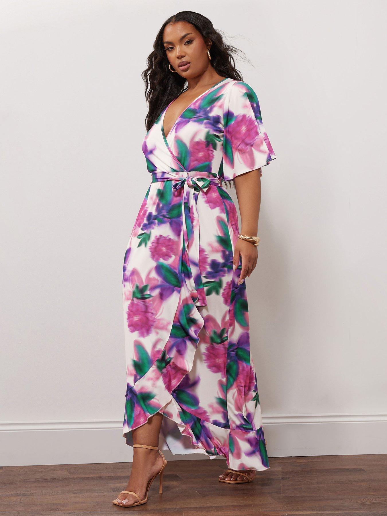 undefined Curve Blurred Floral Ruffle Wrap Dress