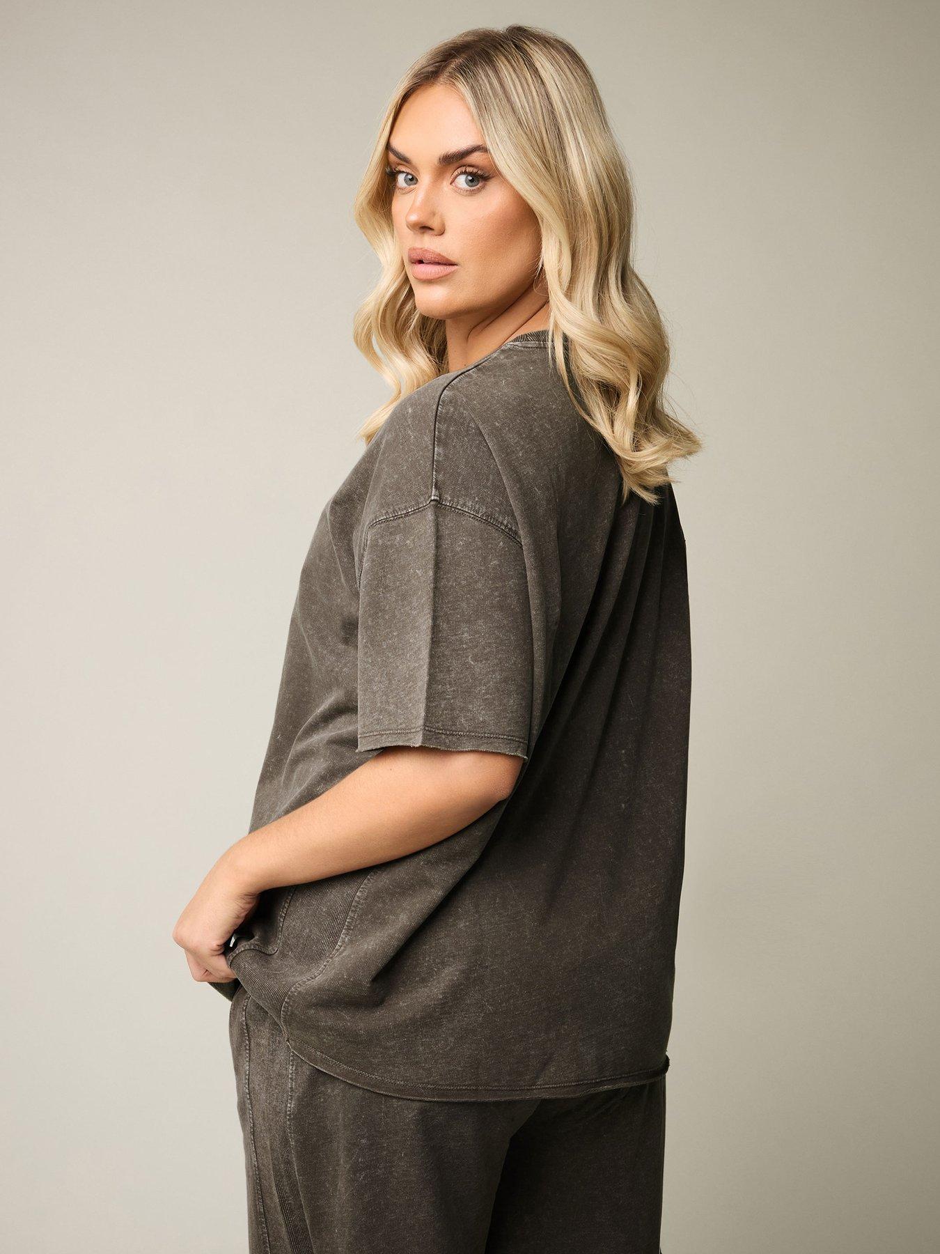  image of yours-curve-acid-wash-sweat-t-shirt-brown