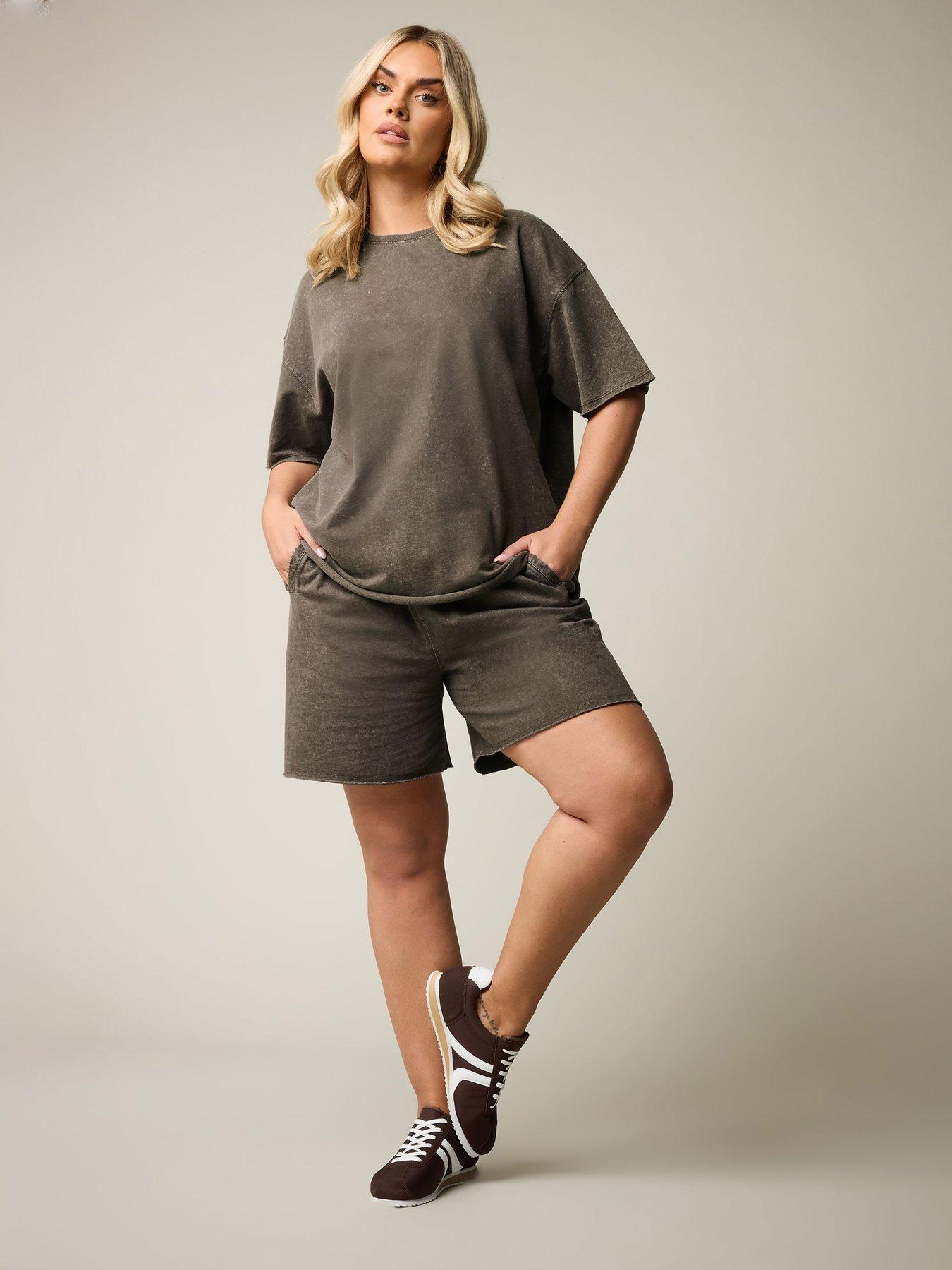  image of yours-curve-acid-wash-sweat-t-shirt-brown