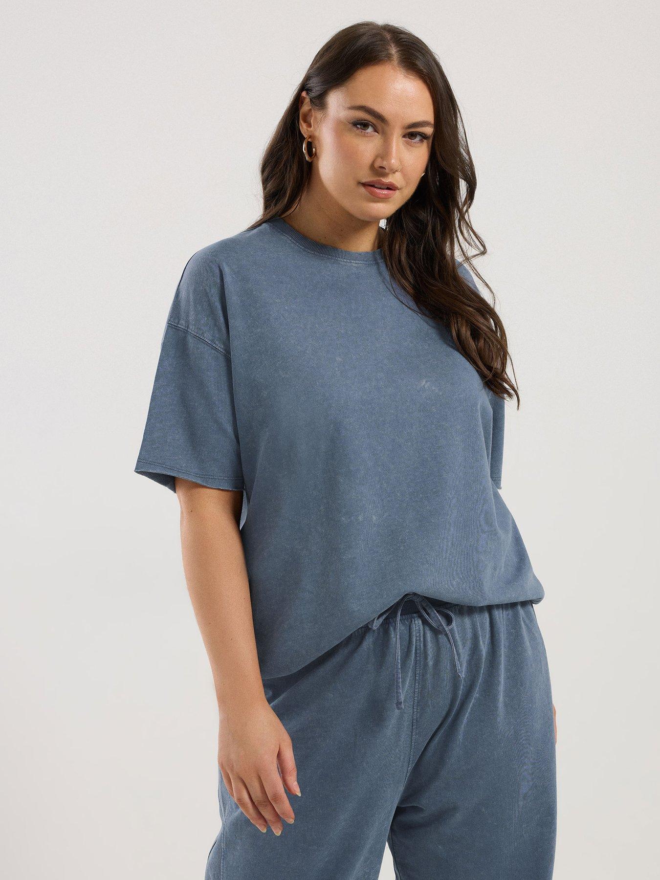 undefined Curve Acid Wash Sweat T-Shirt - Blue