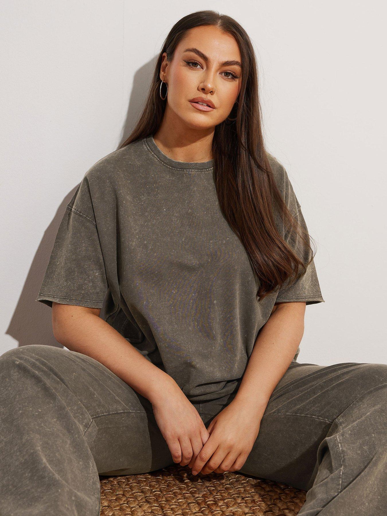 undefined Curve Acid Wash Sweat T-Shirt  &  Trouser Set - Brown