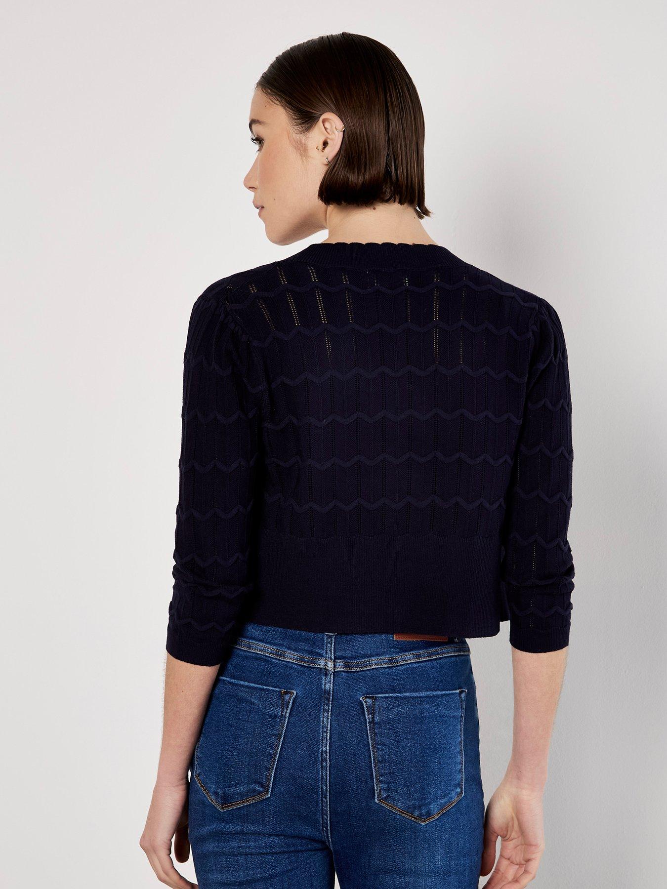  image of apricot-pointelle-chevron-shrug-navy