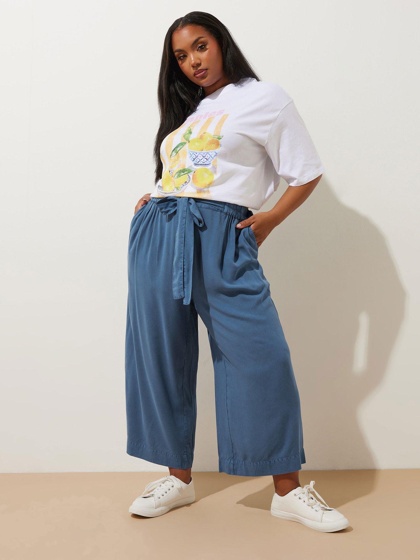 image of yours-curve-chambray-tie-waist-crop-trouser-blue