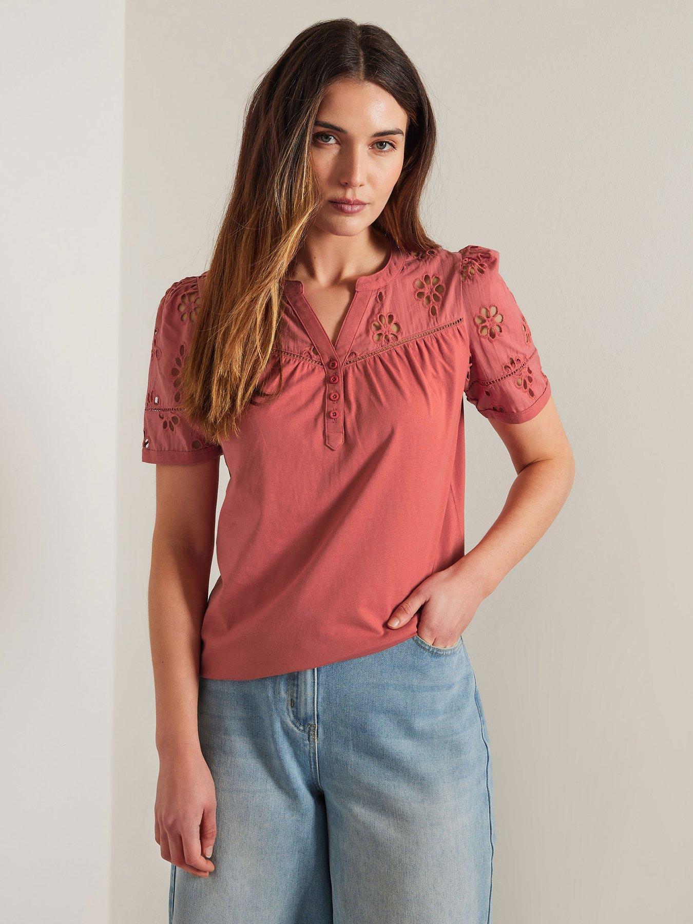 Image 1 of 4 of Long Tall Sally Tall Broidery Yoke T-Shirt - Pink