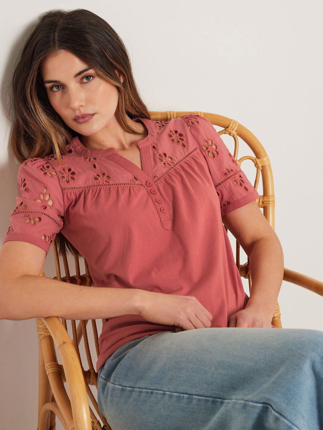 Image 4 of 4 of Long Tall Sally Tall Broidery Yoke T-Shirt - Pink