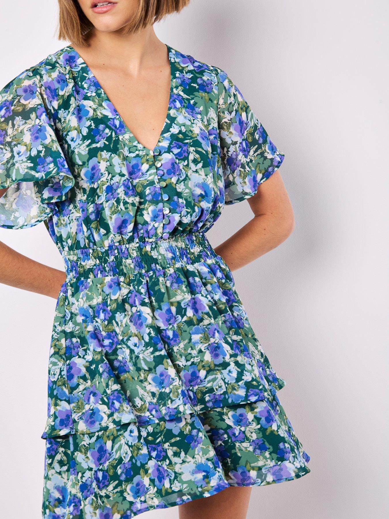  image of apricot-watercolour-floral-layered-dress-green