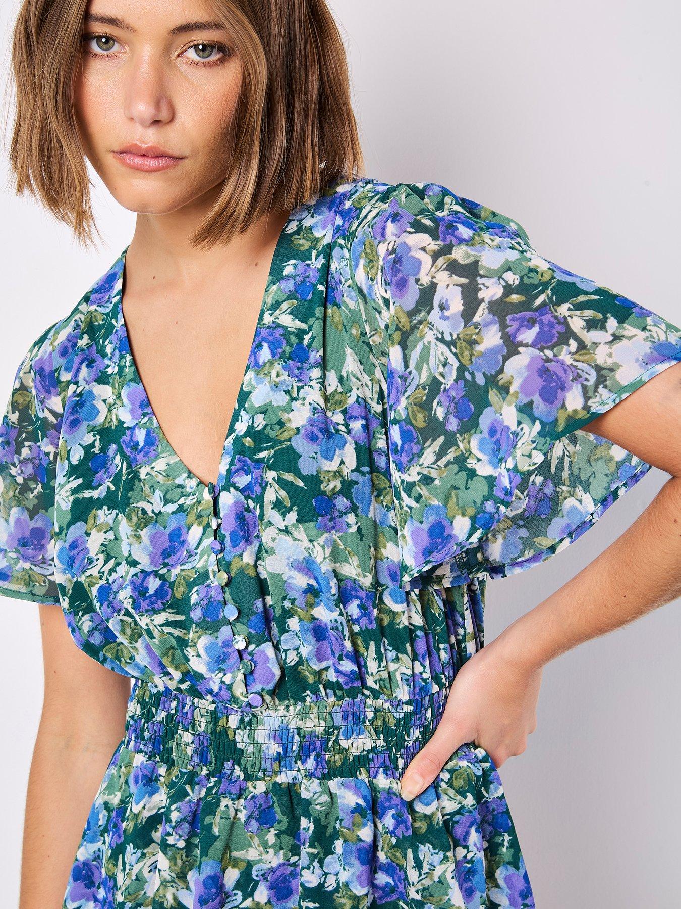  image of apricot-watercolour-floral-layered-dress-green