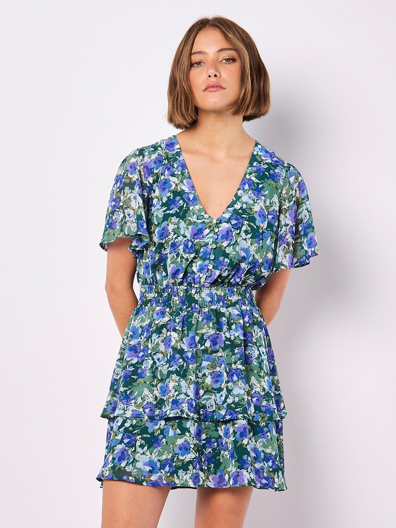  image of apricot-watercolour-floral-layered-dress-green