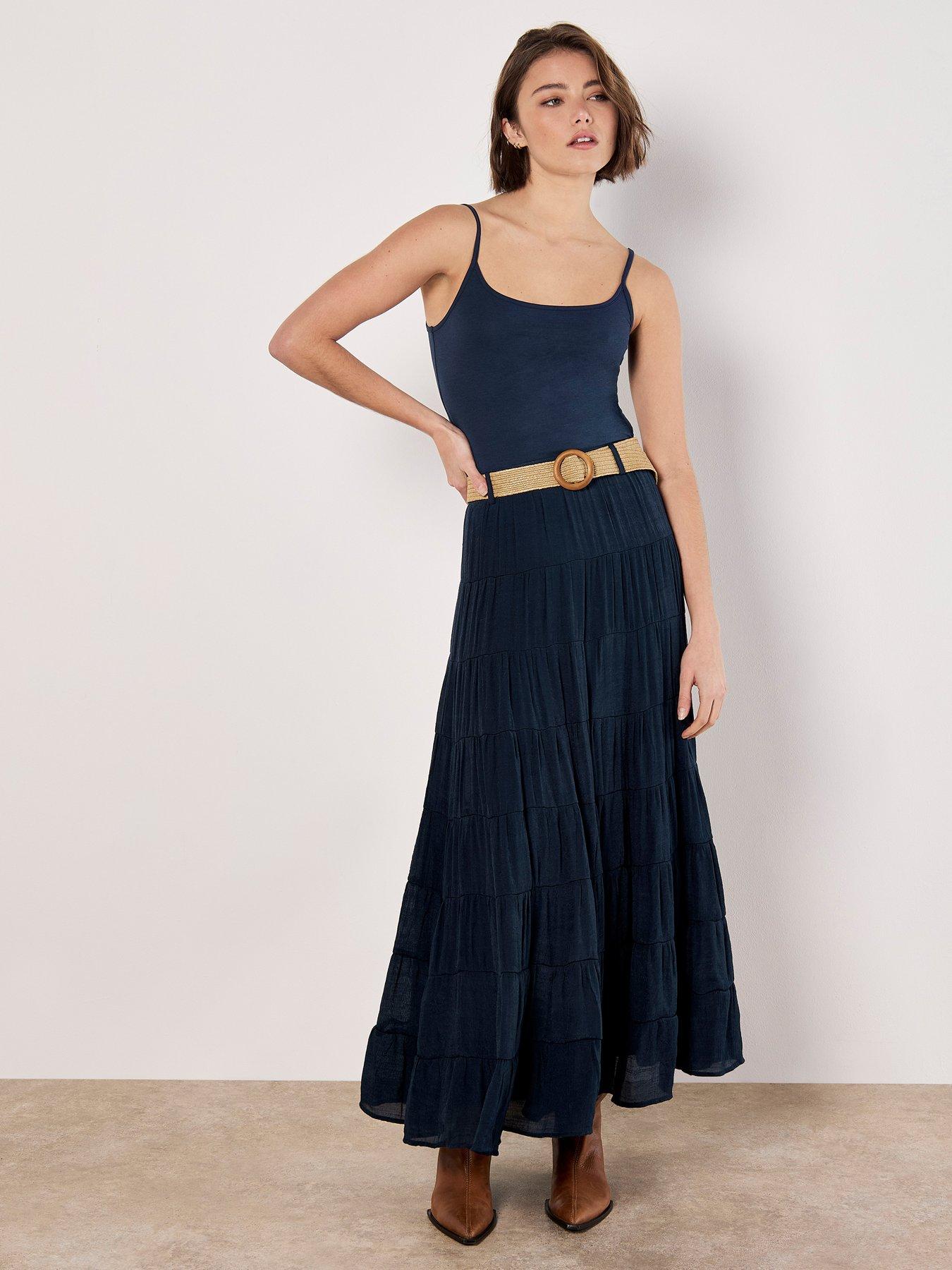 undefined Multi Tier Slub Shimmer Skirt - Navy
