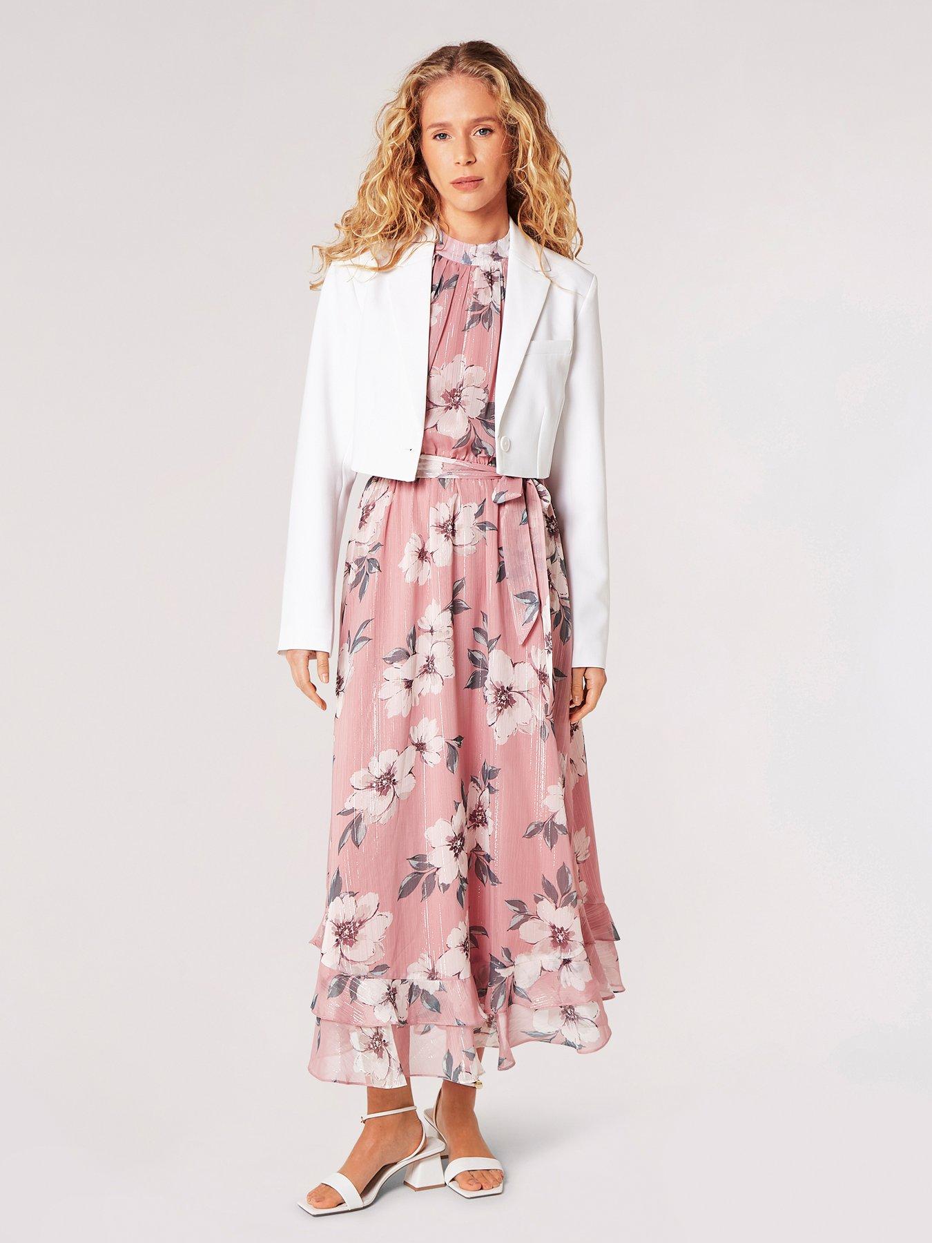  image of apricot-watercolour-peony-midi-dress-pink