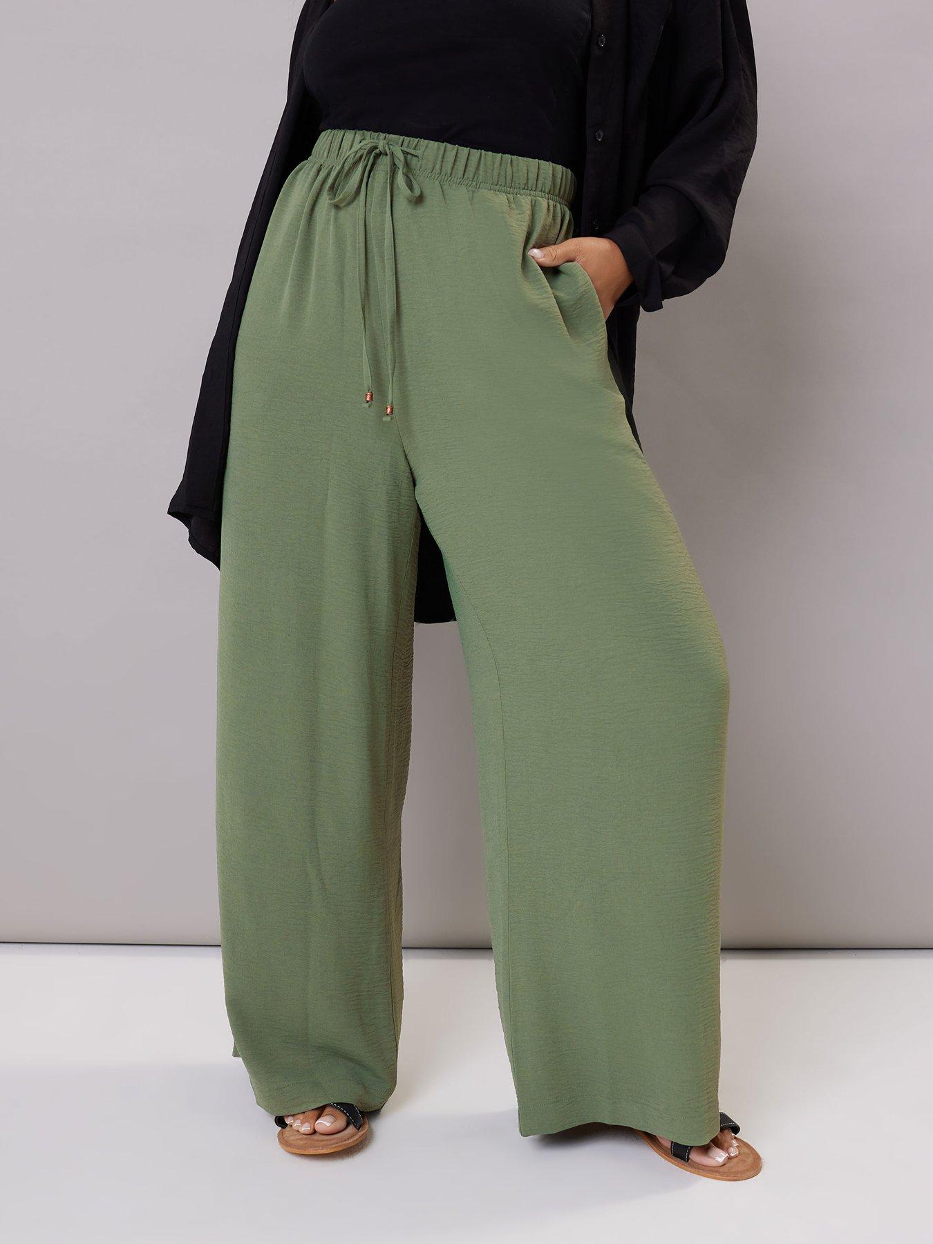 undefined Curve Washed Twill Wide Leg Trouser - Green