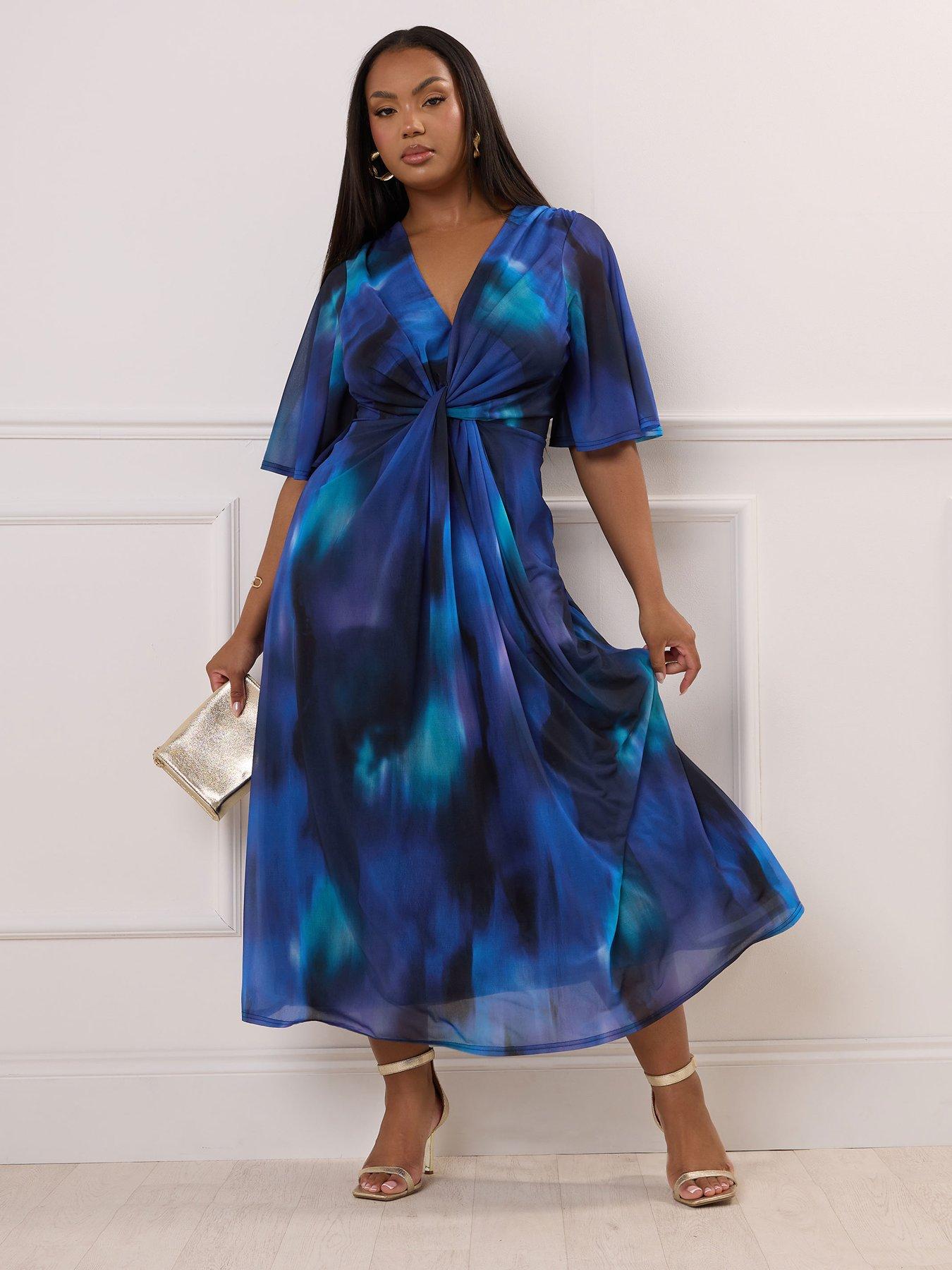 undefined Curve Knot Front Angel Sleeve Dress - Blue