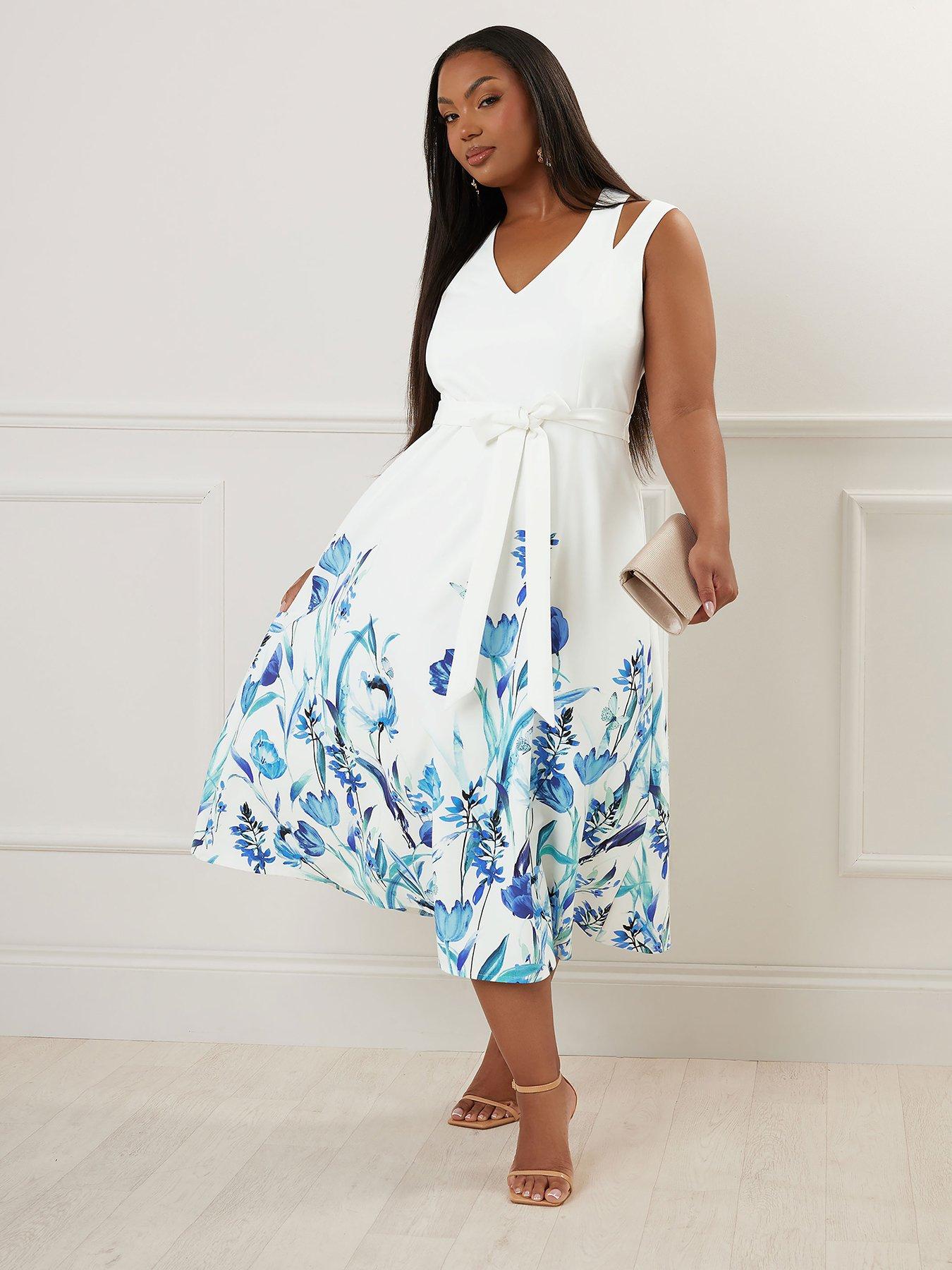 undefined Curve Floral Split Shoulder Dress - White