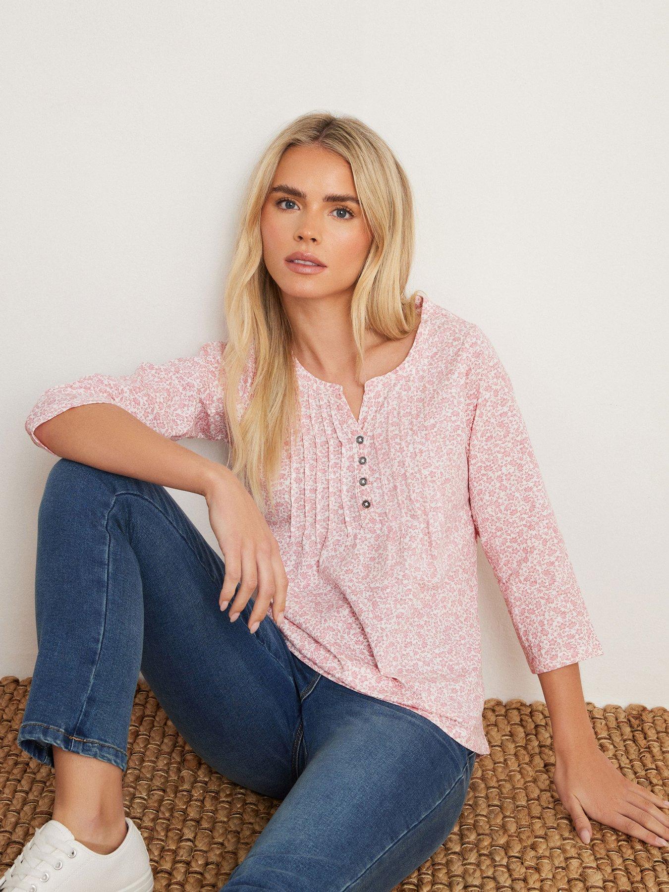  image of mco-petite-34-sleeve-henley-top-pink